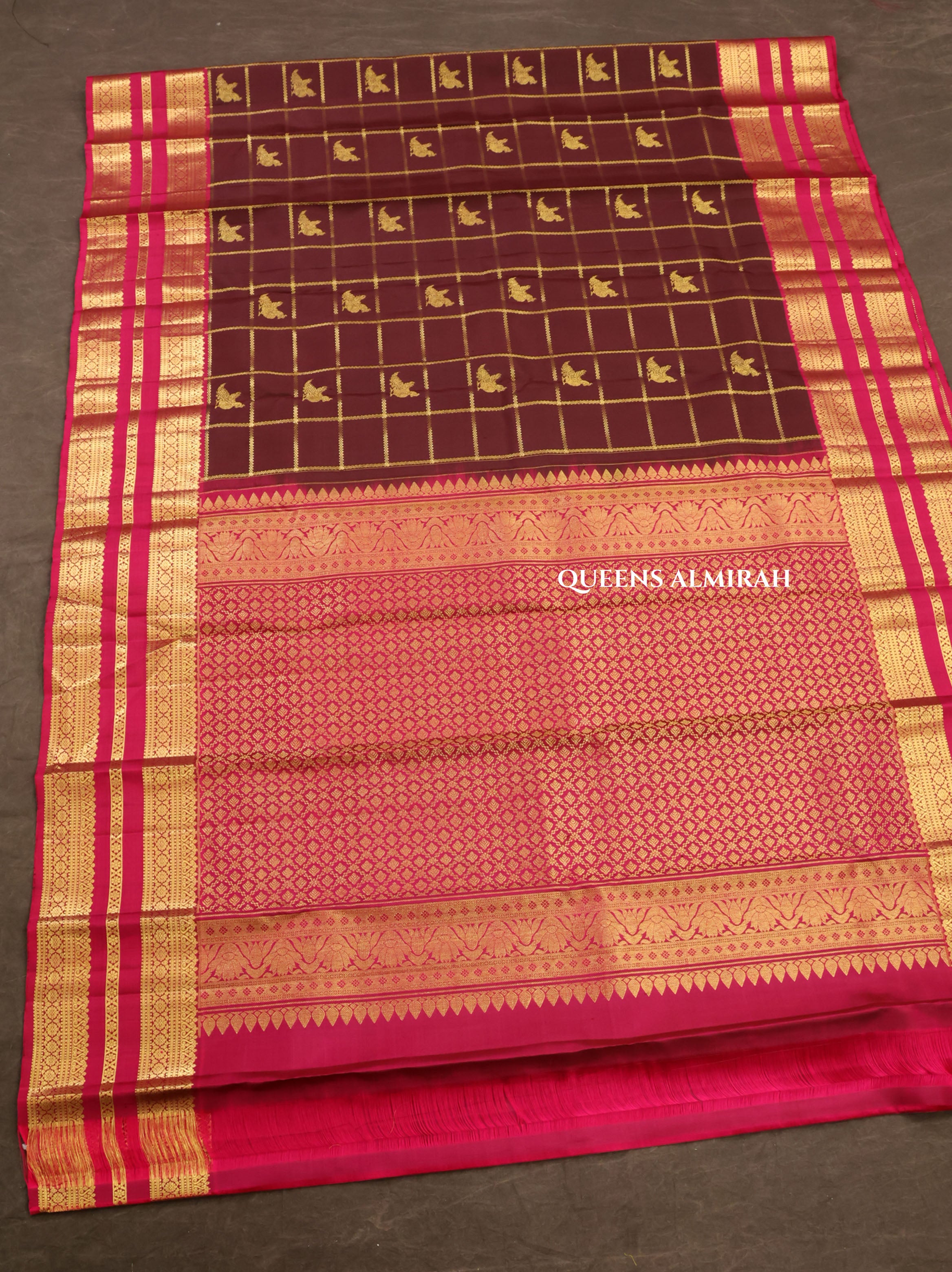 Cocoa Bean Brown With Rani Pink Pure Kanchivaram Silk Saree