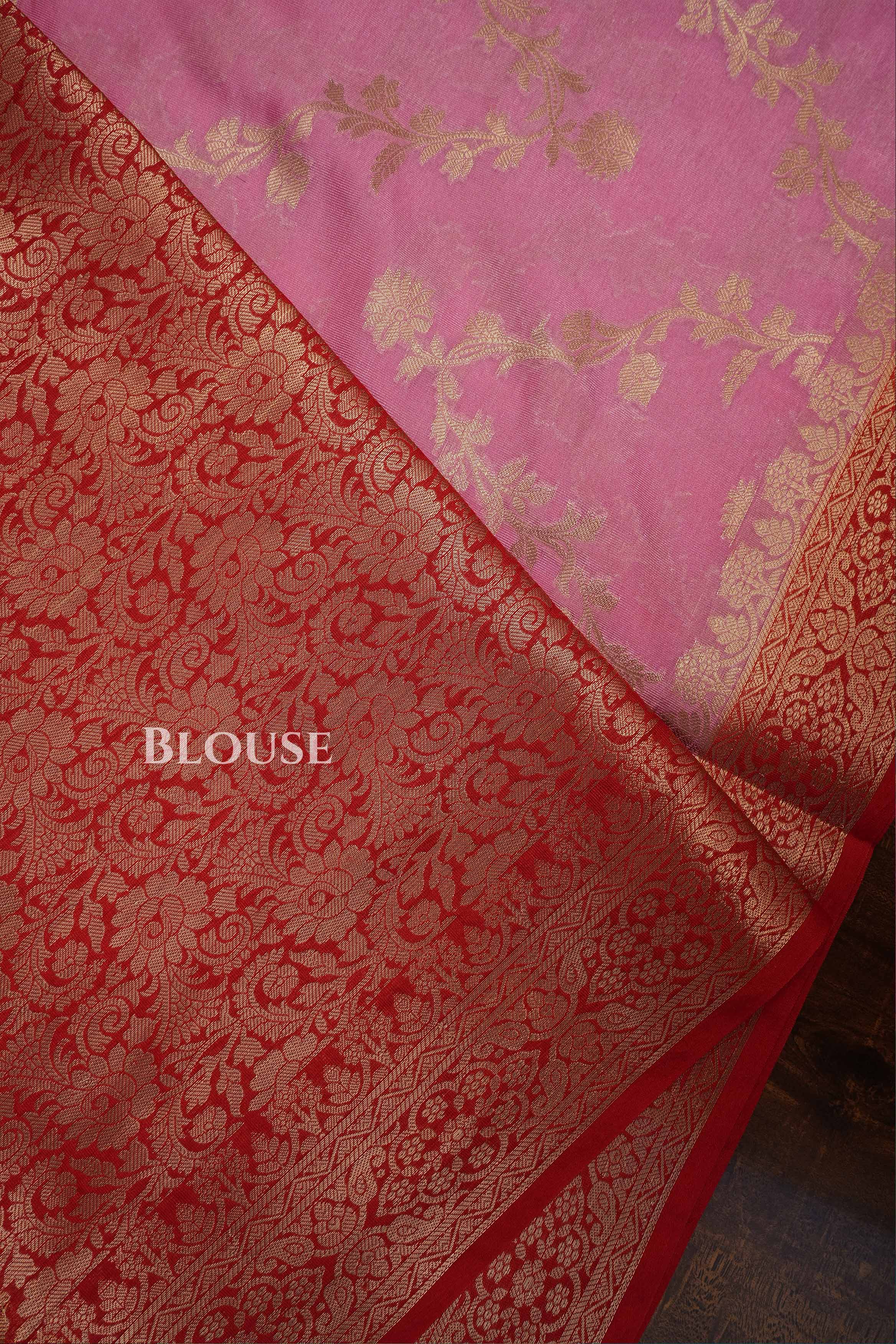 Rose Milk Pink With Red Banarasi Silk Saree