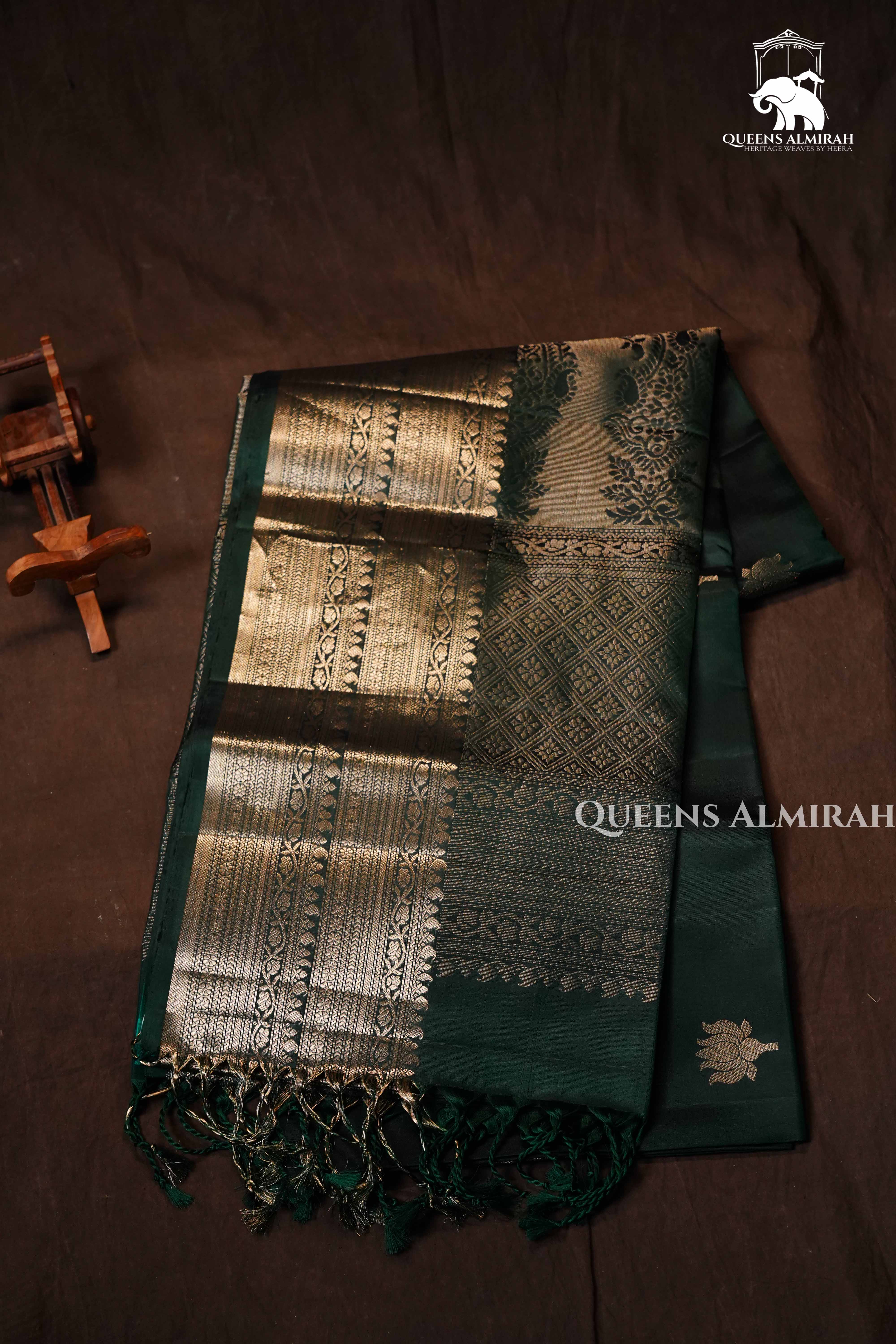 Dark Green Pure Soft Silk Saree
