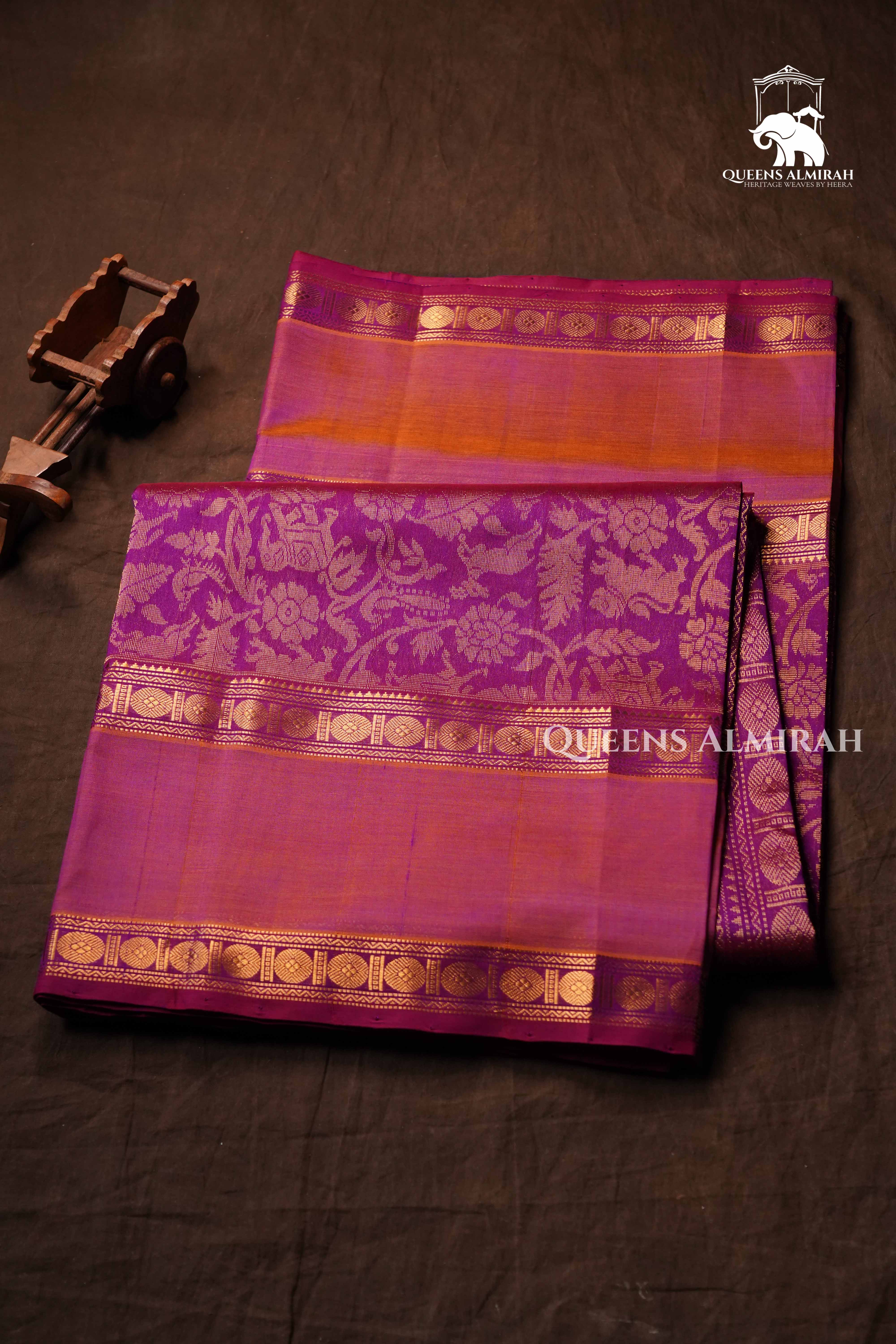 Purple With Warm Orange Pure Kanchi Silk Cotton