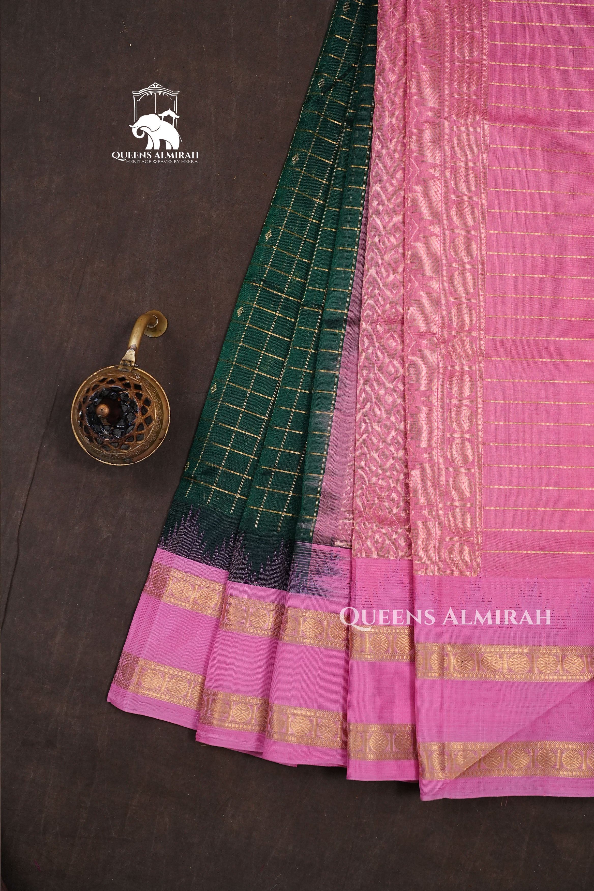 Bottle Green Kattam With Lotus Pink Pure Silk Cotton Saree