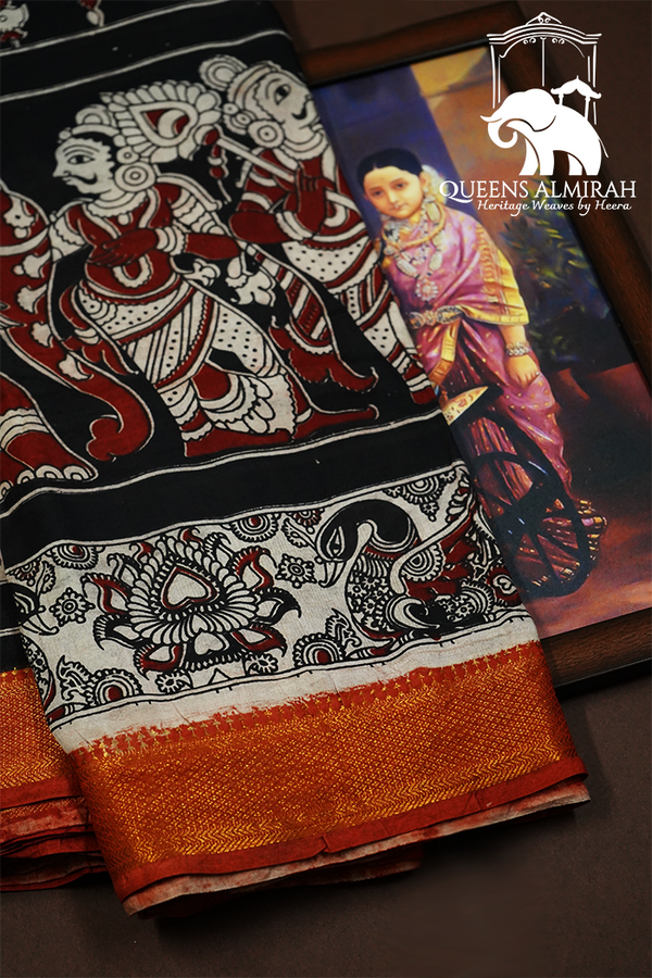 BLACK WITH DEEP RED GOLDEN BORDER  MANGALGIRI SAREE - Queens Jewel Emporium