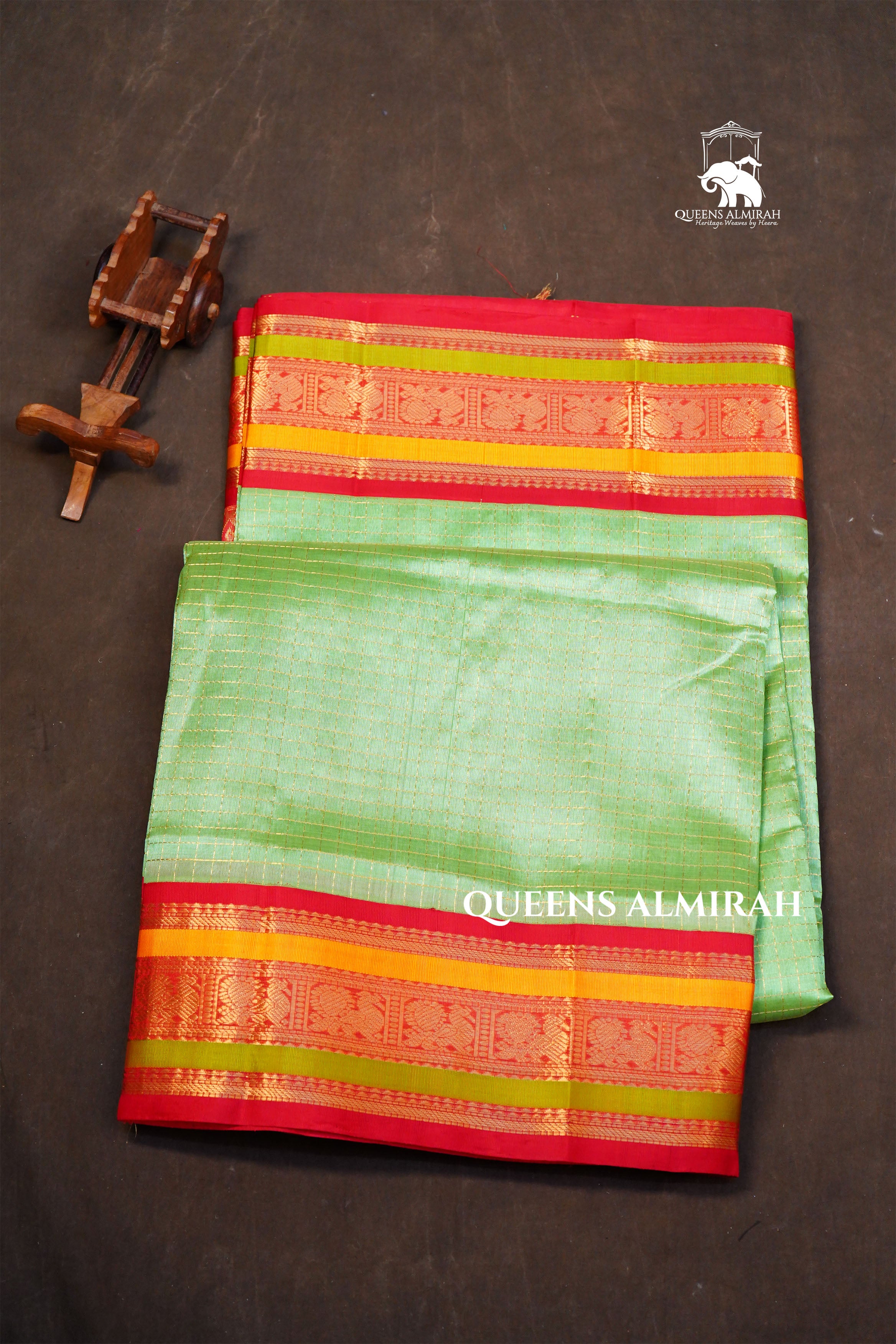 Pista Green Kattam And Red Border Pure Silk Cotton Saree