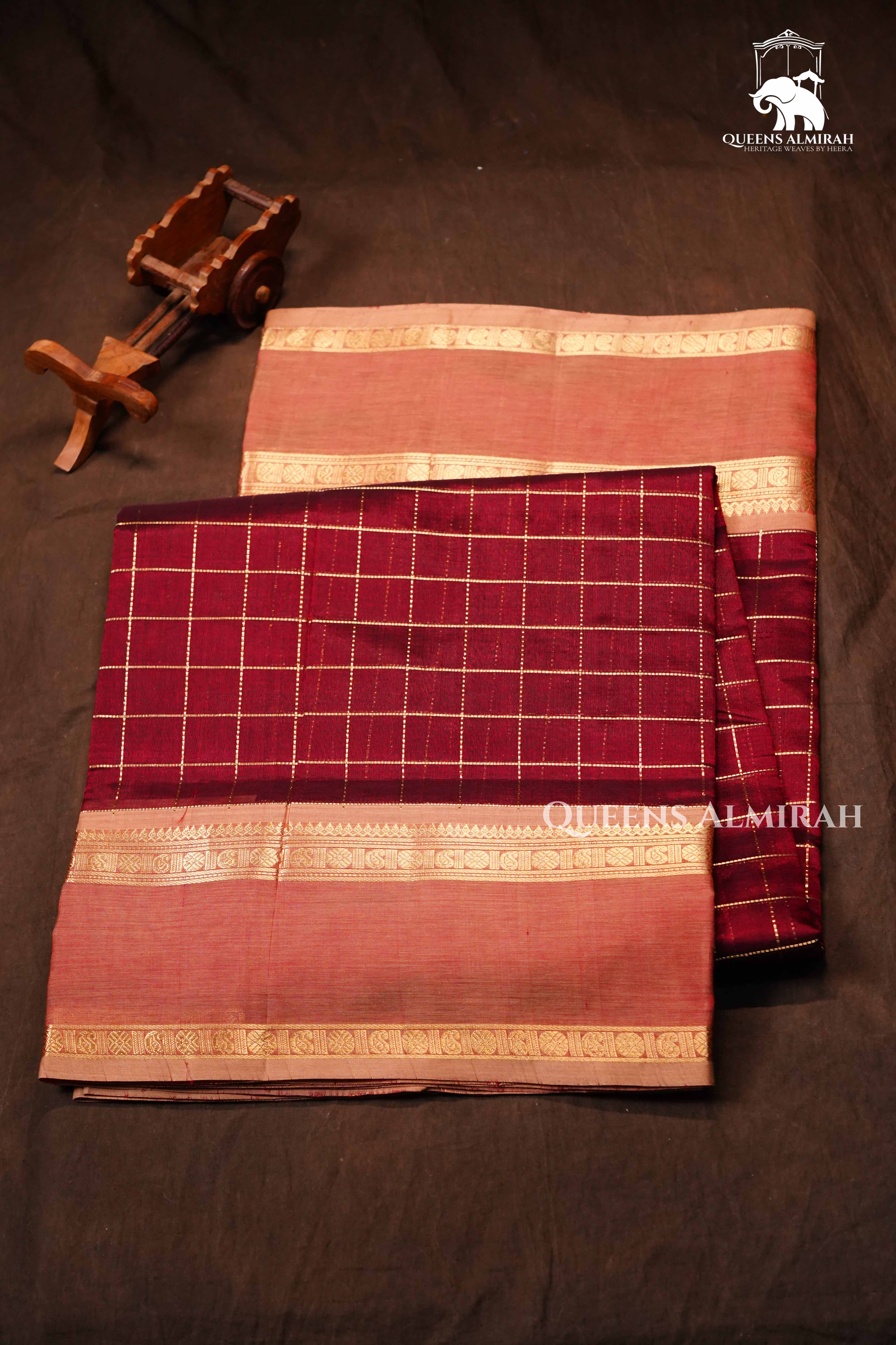 Maroon With Dusky Pink- Karaikudi Chettinad Silk Cotton Saree