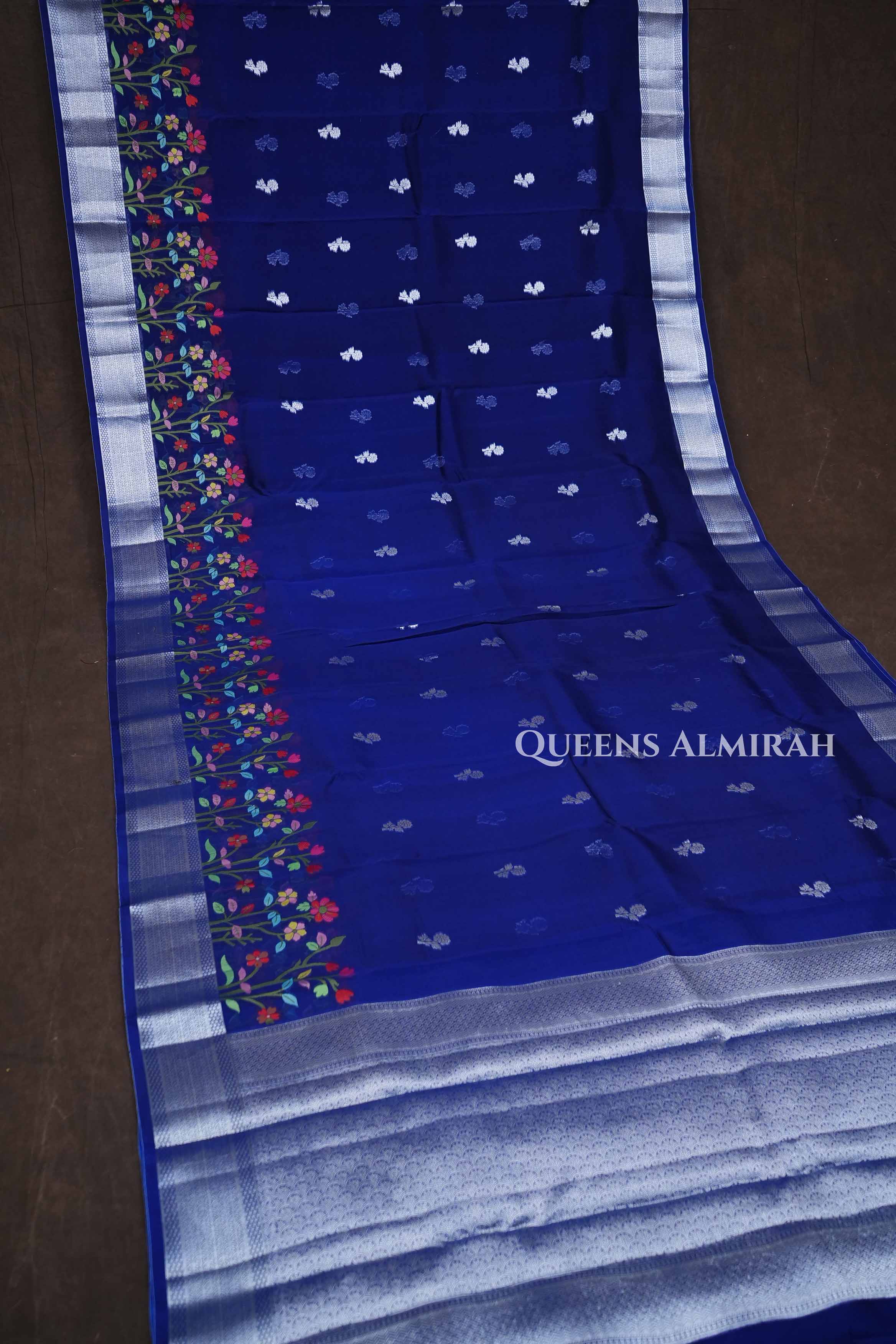 Navy Blue Jamdani Silk Organza Saree