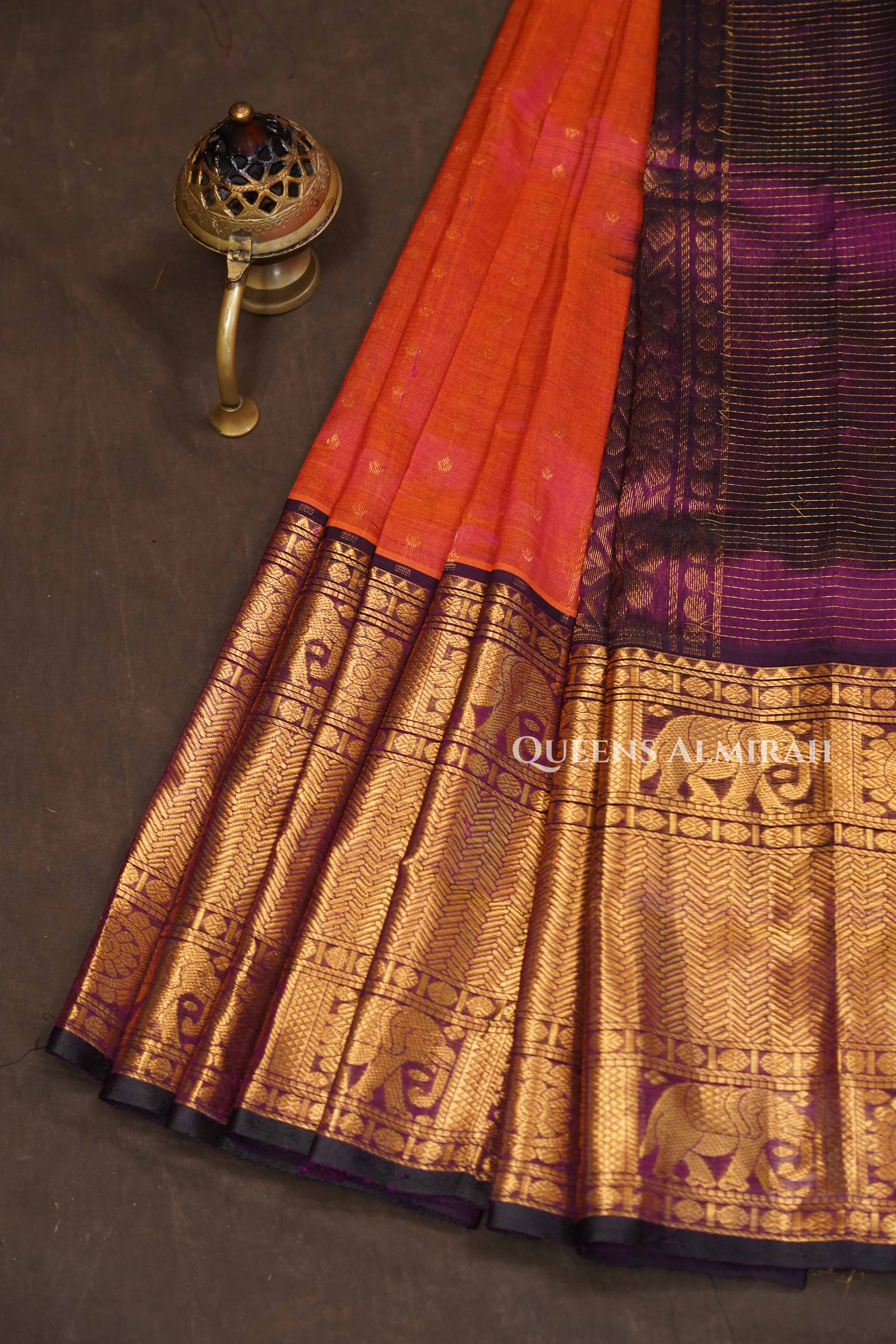 Coral Orange With Maroon Pure Silk Cotton Saree
