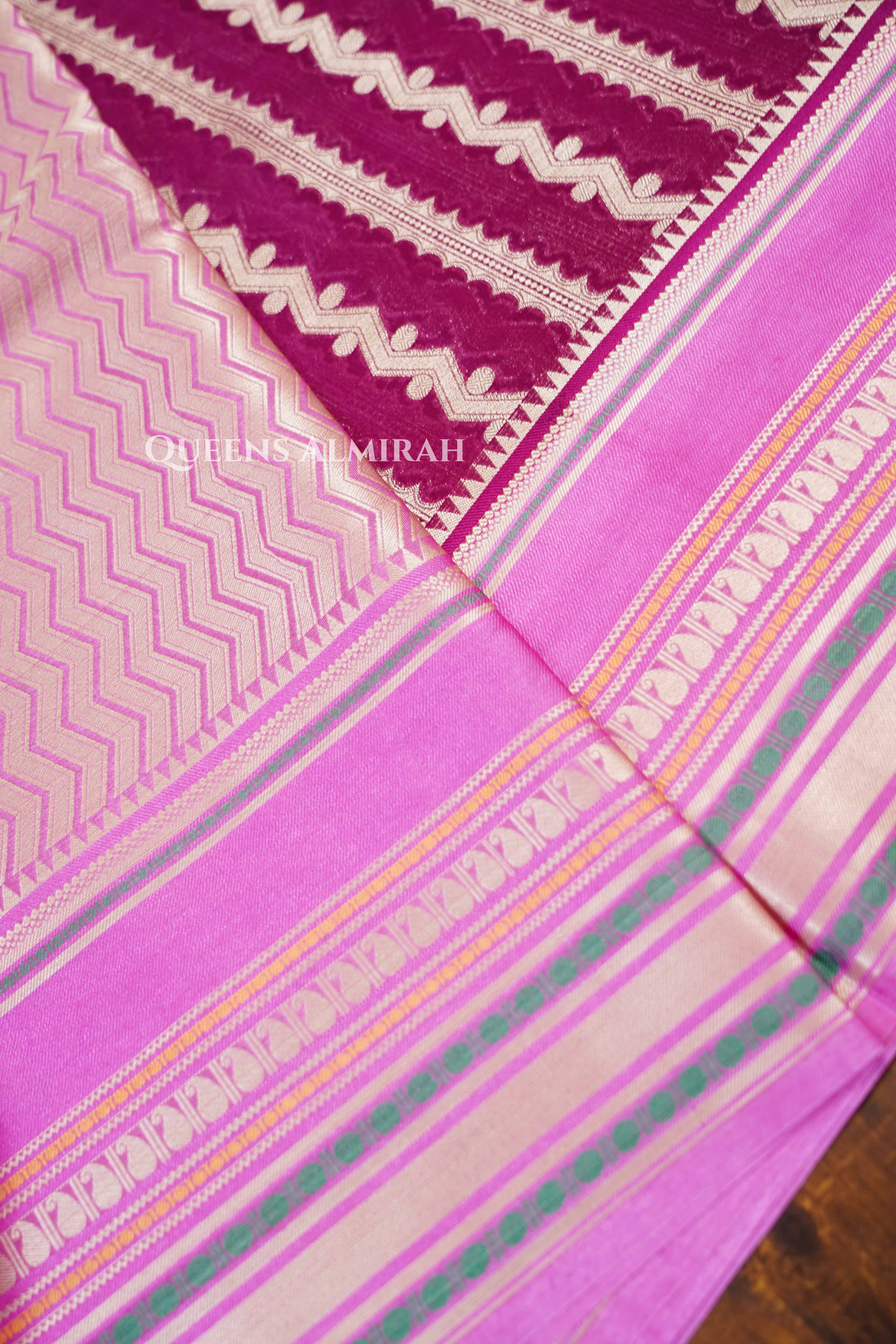 Purple With Pink Border Semi Banarasi Silk Saree