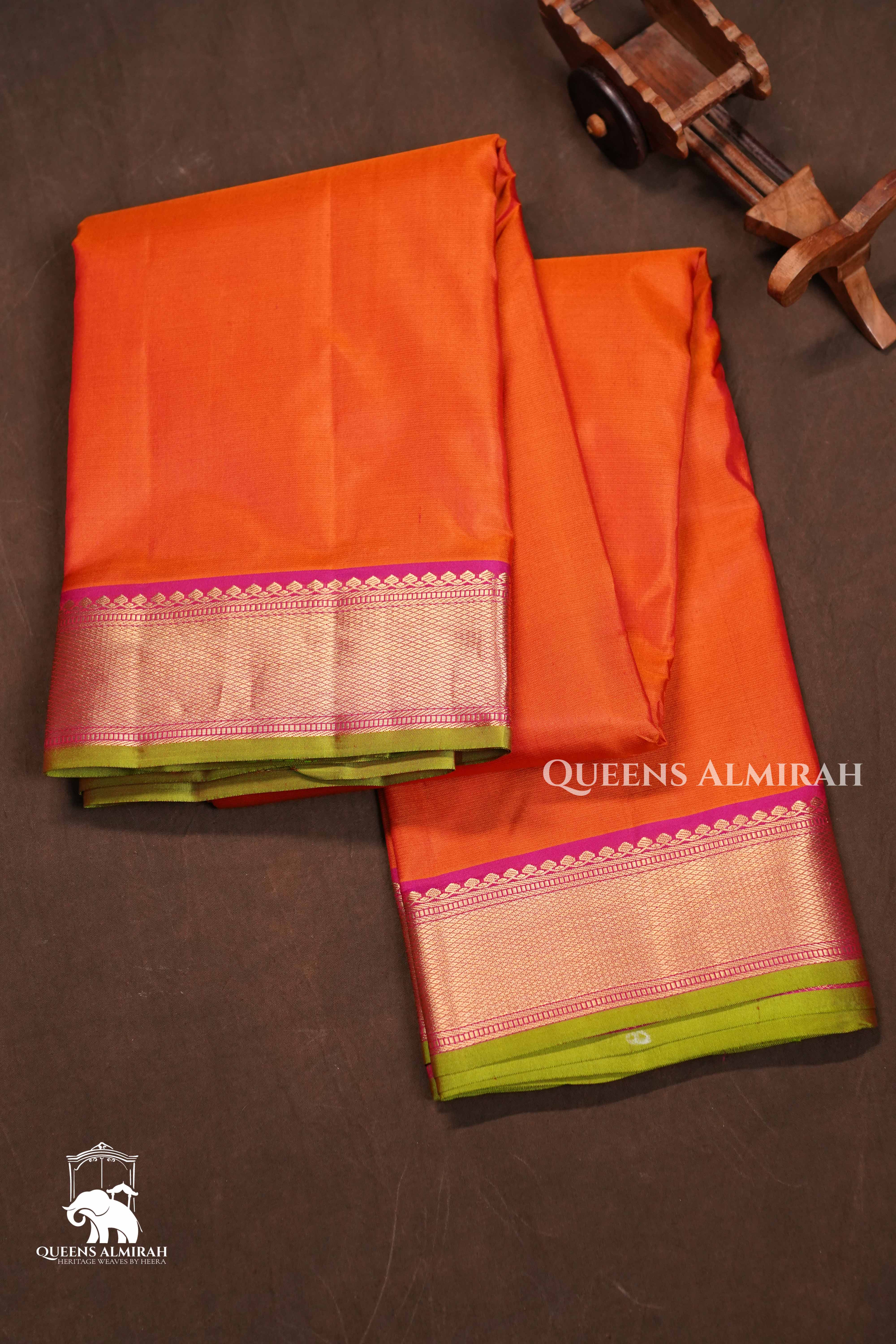 Orange With Pink And Green Pure Kanchivaram Silk Saree