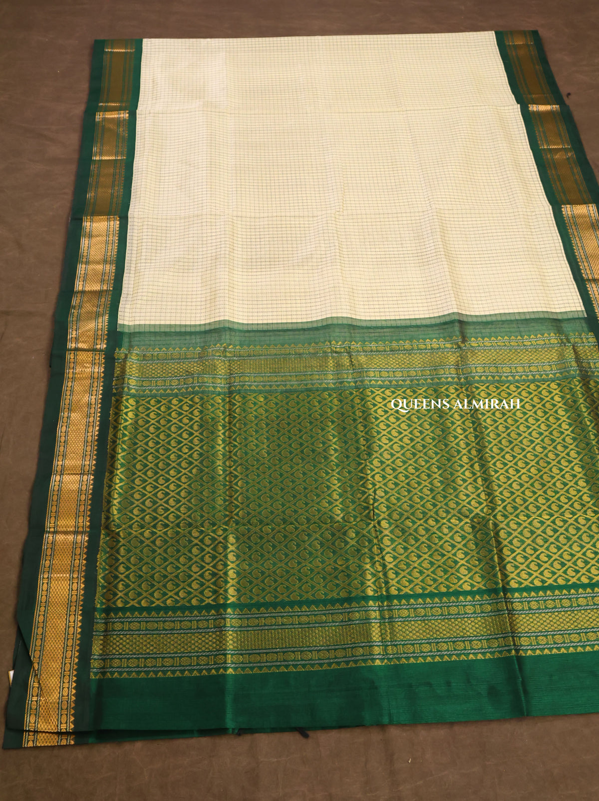 White Kattam With Green Pure Silk Cotton Saree