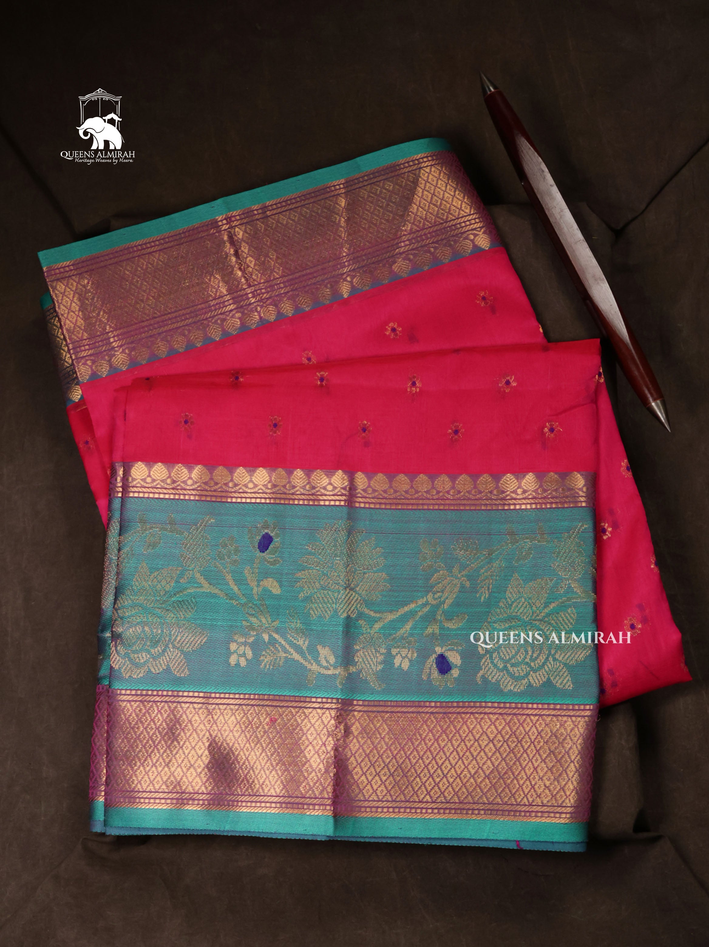 Rani Pink With Sky Blue Pure Silk Cotton Saree
