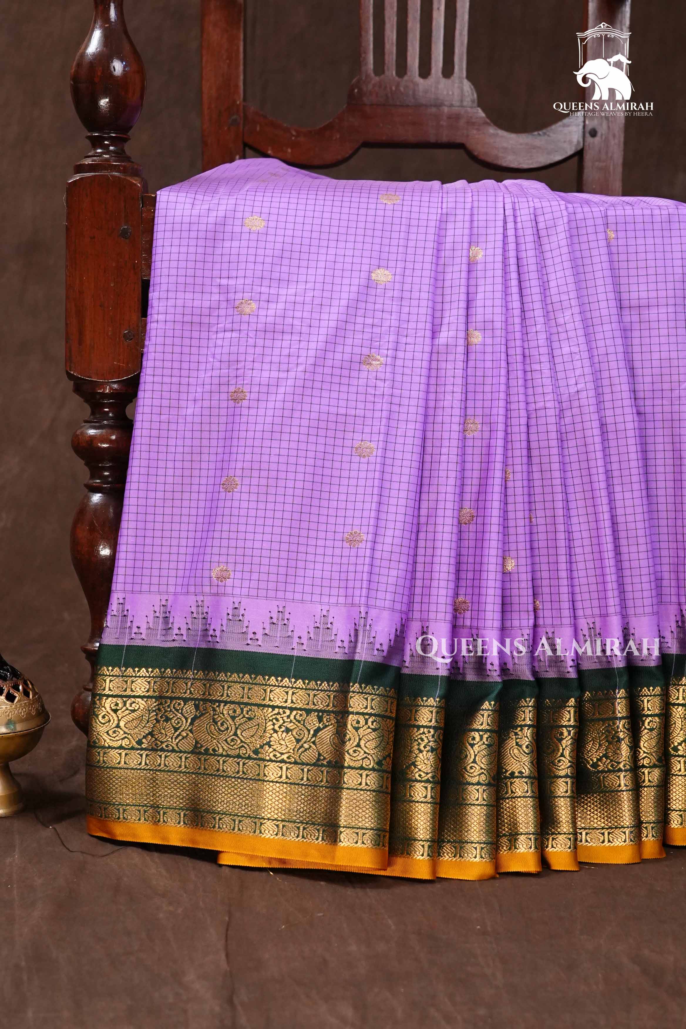 Lavender with dark Green Semi Gadwal Silk  Saree