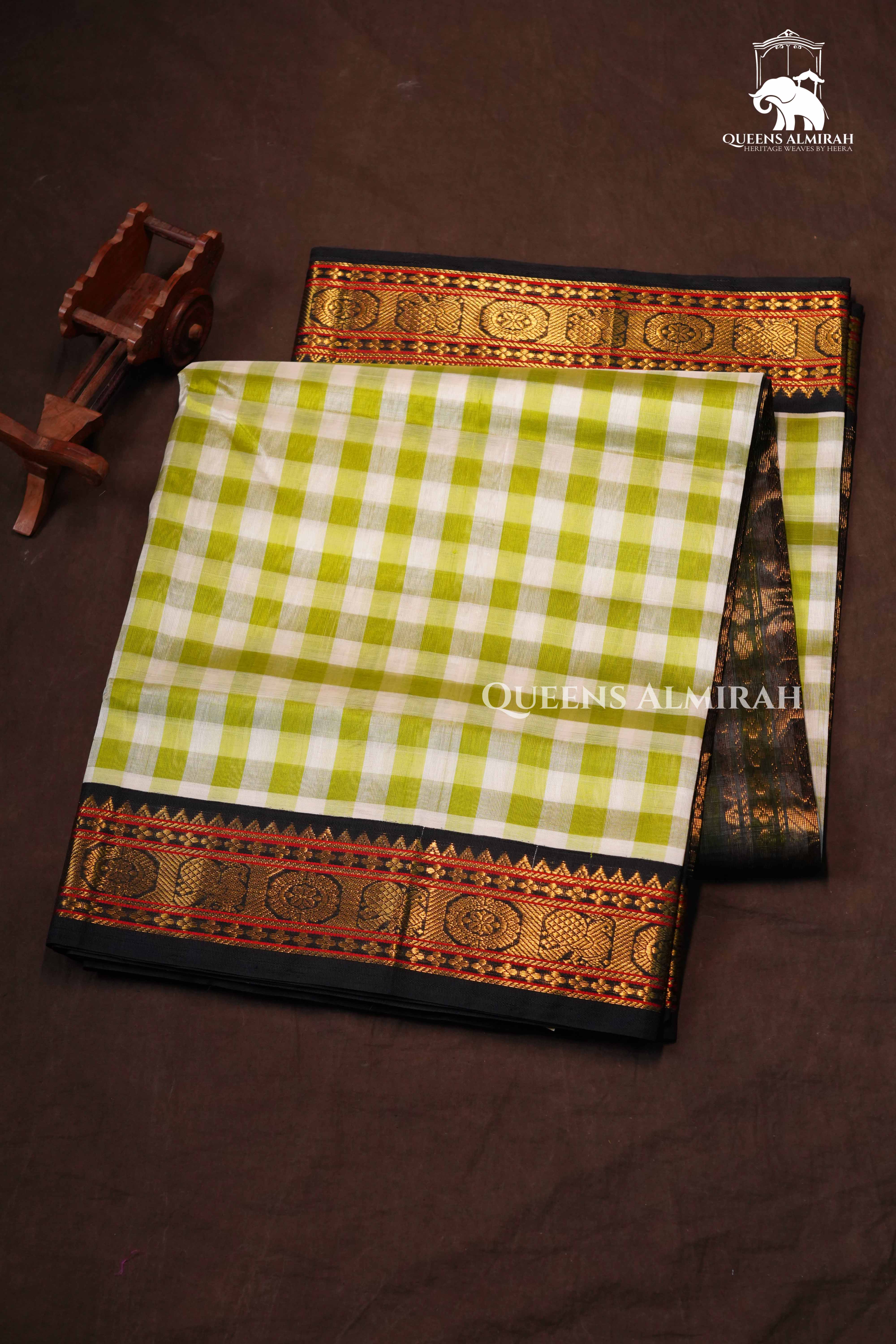 Checks Green With White Pure Kanchi Silk Cotton Saree