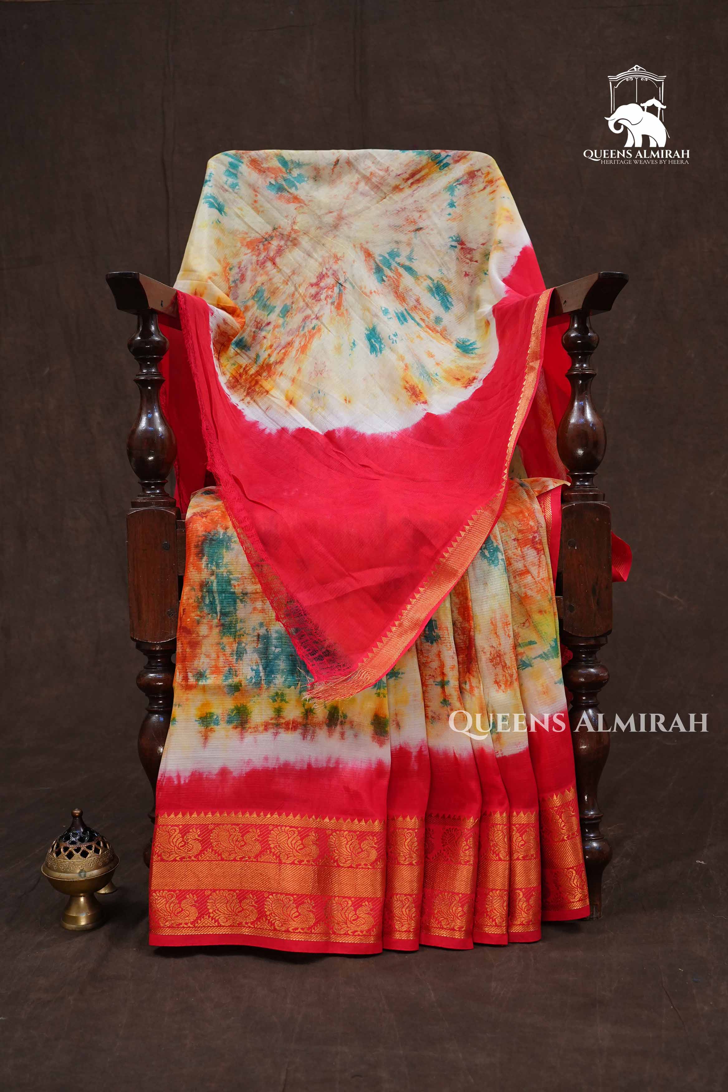 Multicolor With Red Zari Border Shibori Mangalgiri Saree