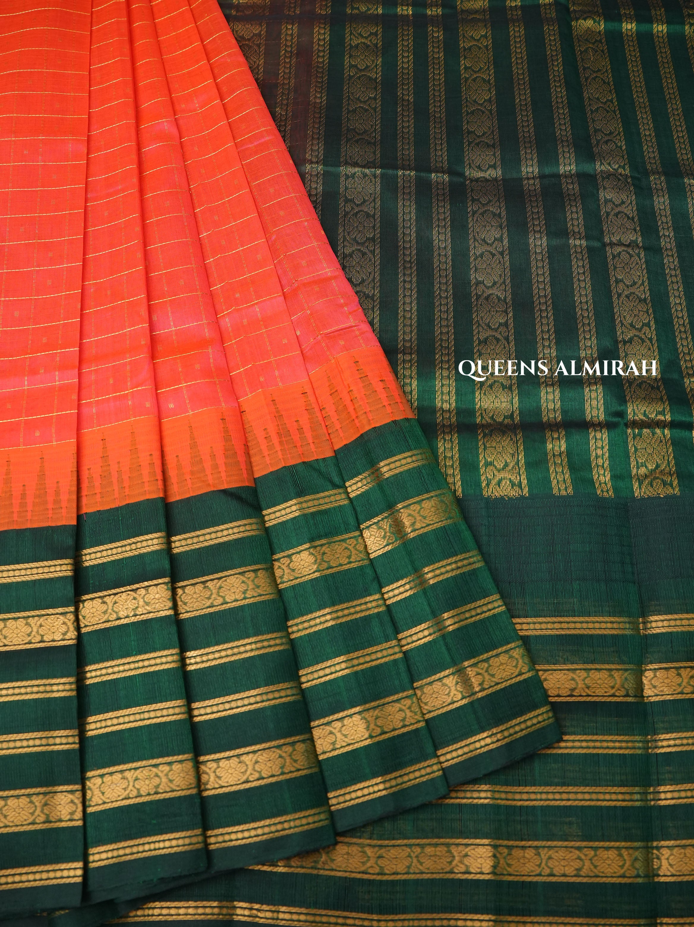 Coral Orange With Varisapet Green Border Pure Silk Cotton Saree