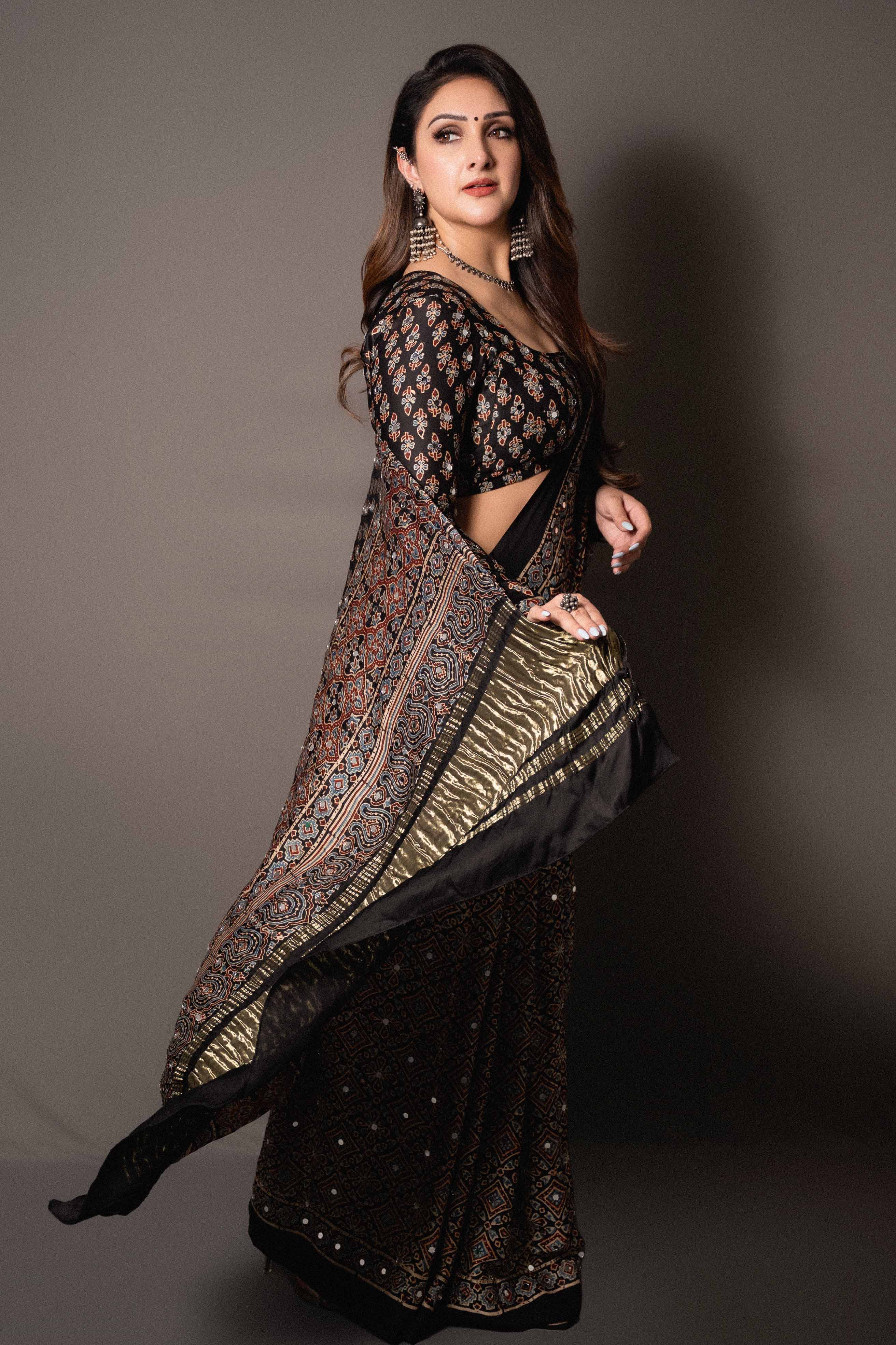 Sridevi  Ajrakh Mirror Work Modal Silk Saree