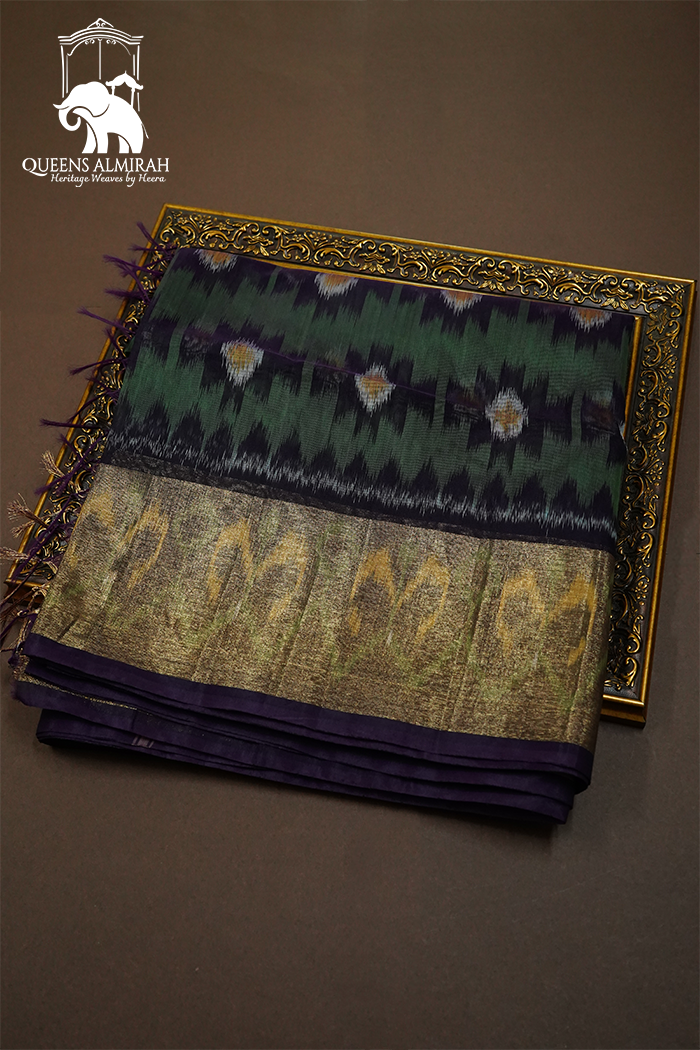 PURE SILK COTTON SAREE - DUSKY GREEN WITH WINE - Queens Jewel Emporium