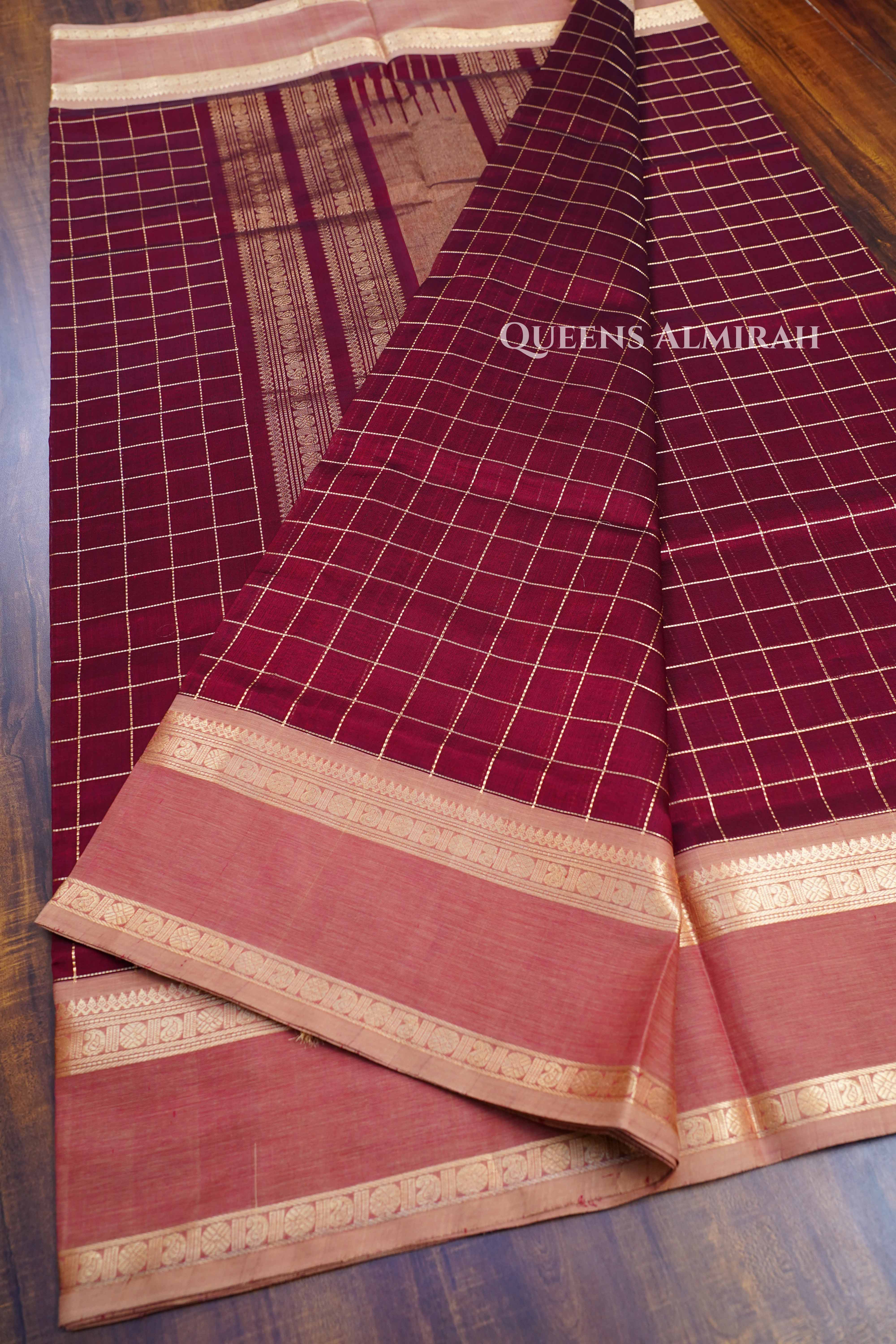 Maroon With Dusky Pink- Karaikudi Chettinad Silk Cotton Saree