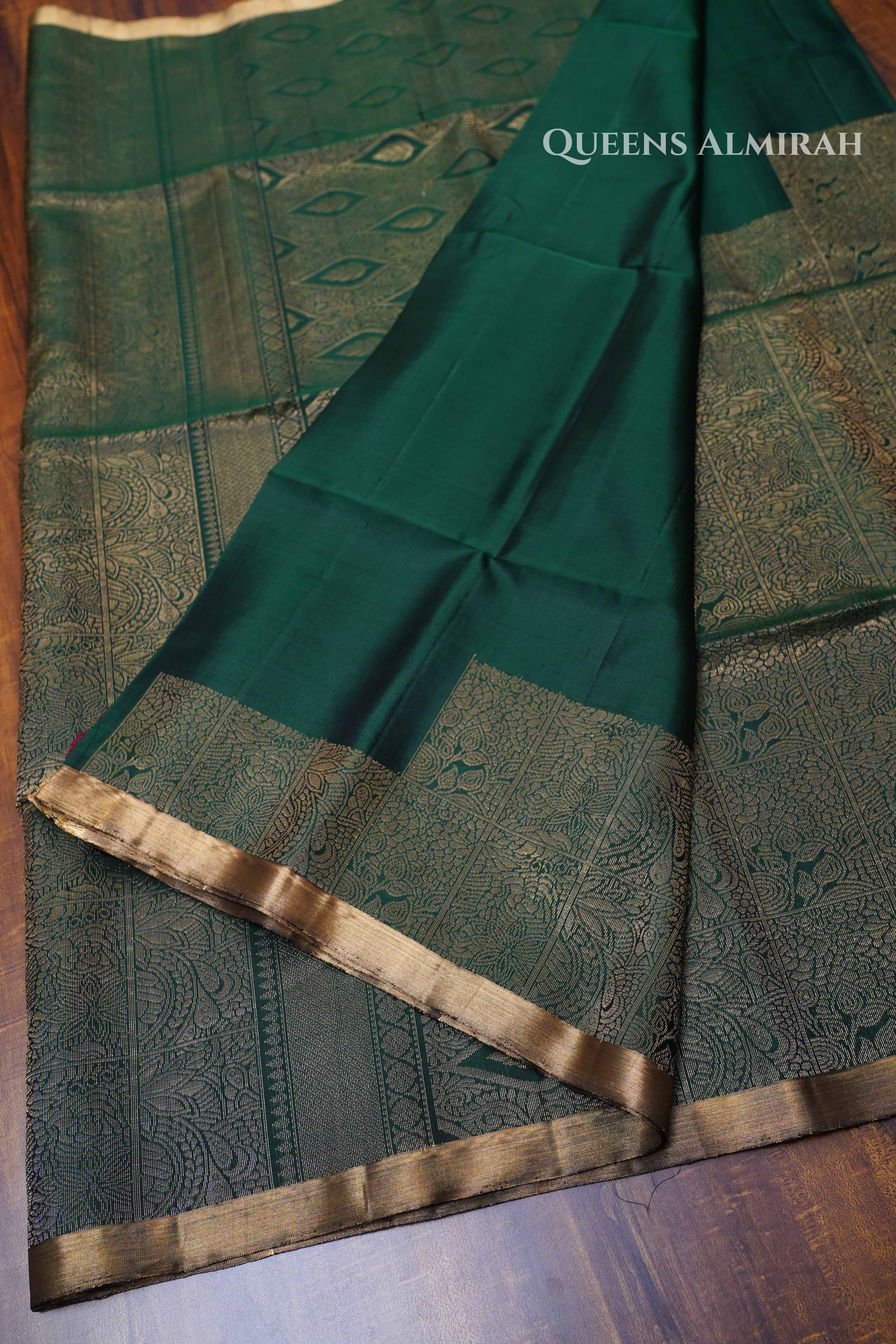 Dark Green Raising Border Pure Soft Silk Saree