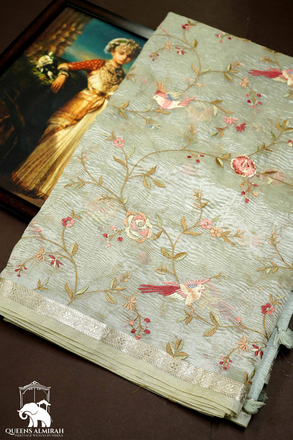 WHISPER GREY WITH WOVEN BORDER TISSUE SAREE - Queens Jewel Emporium