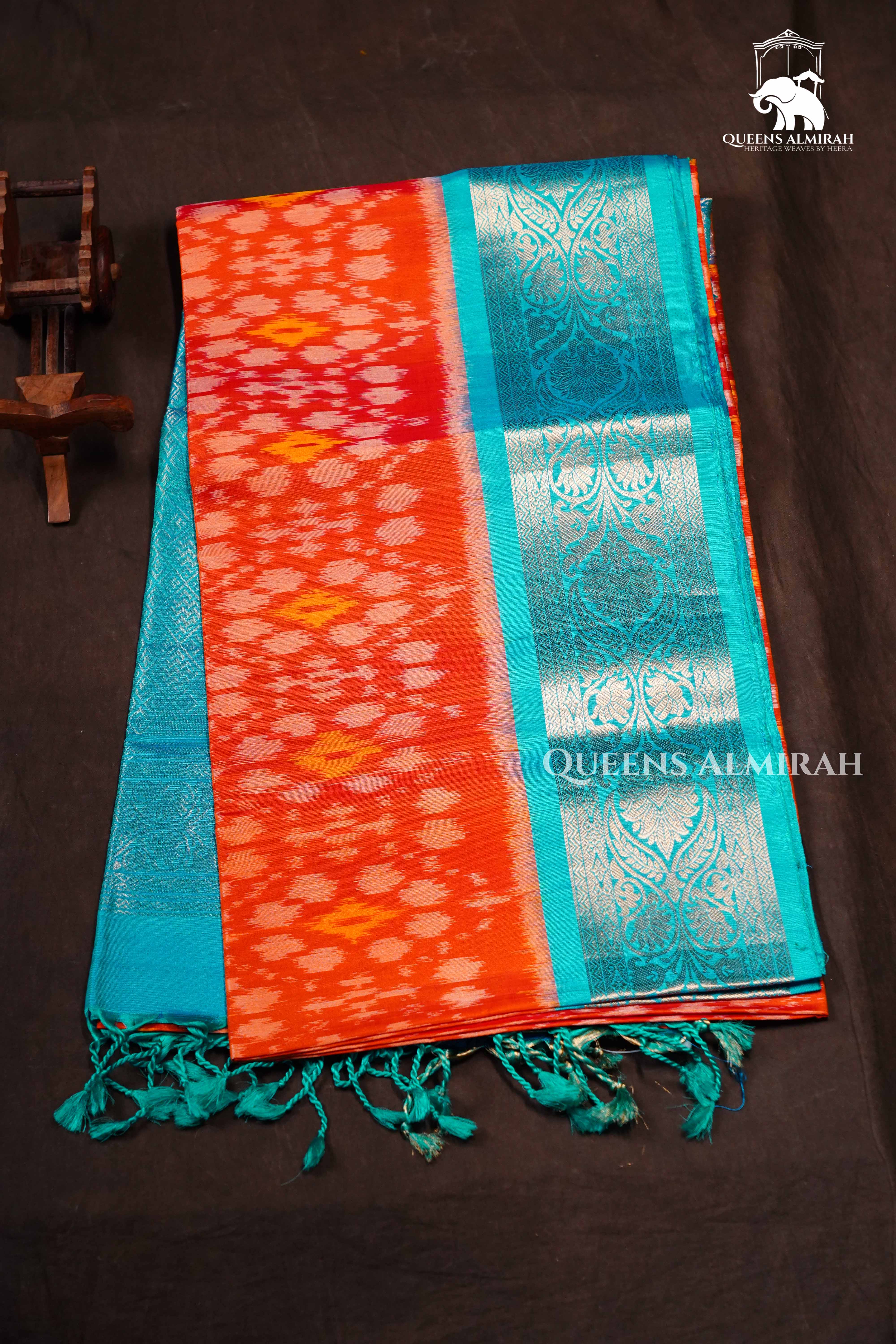 Fanta Orange With Blue Pure Soft Silk Saree