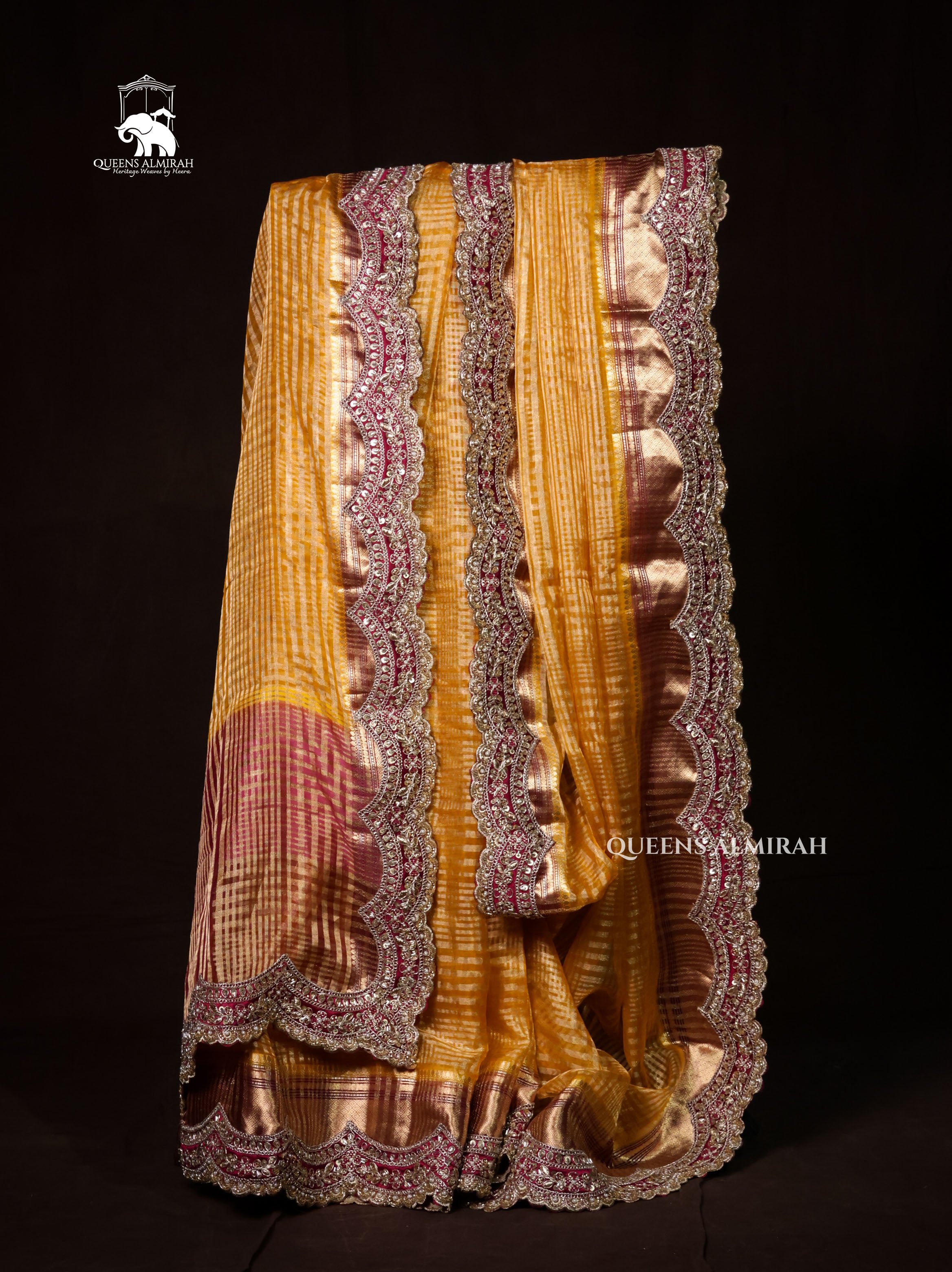 Mustard Yellow with Burgundy Radhe Leela Pure Chanderi Designer Silk Saree