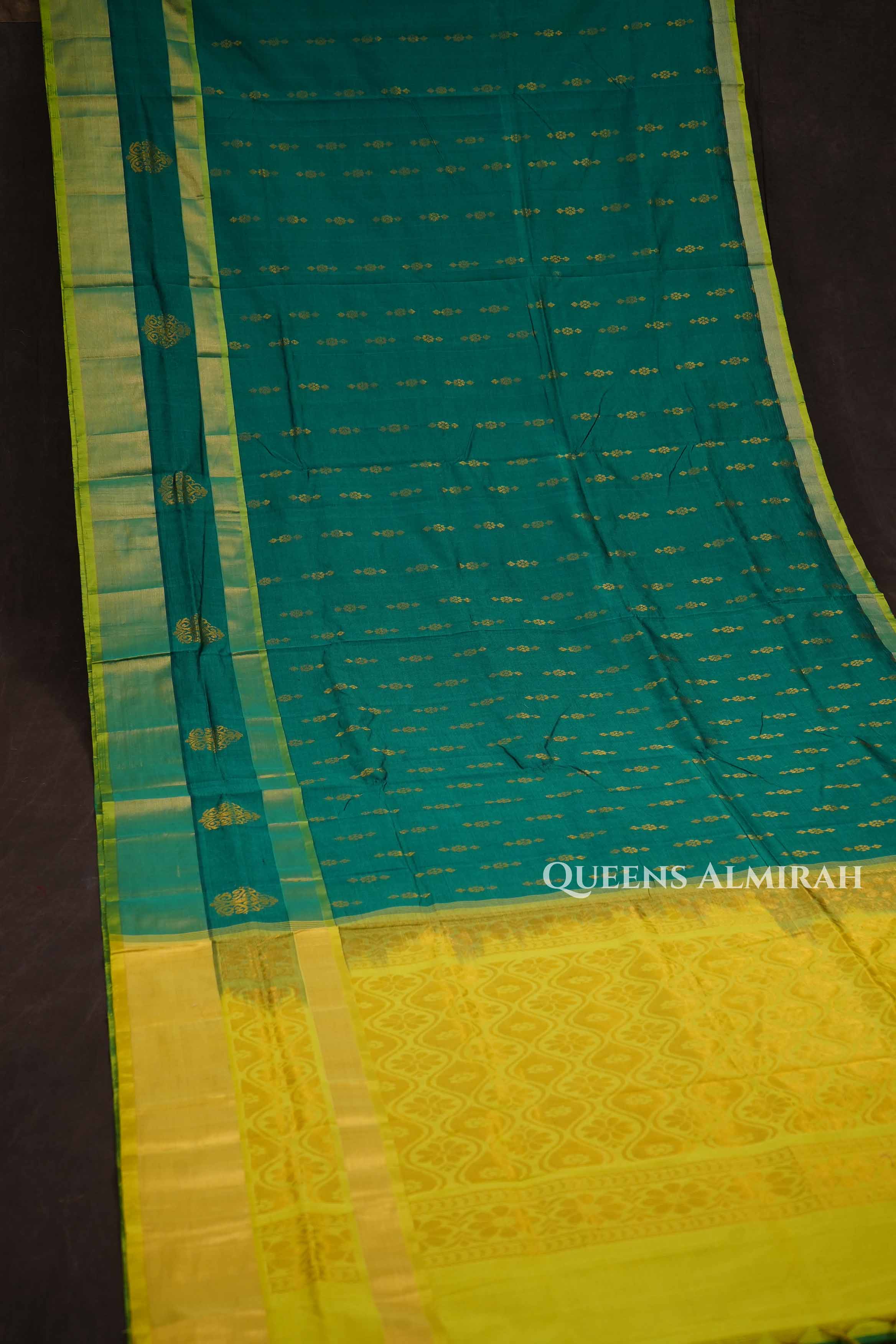 Sea Green With Yellow Budget Silk Cotton Saree