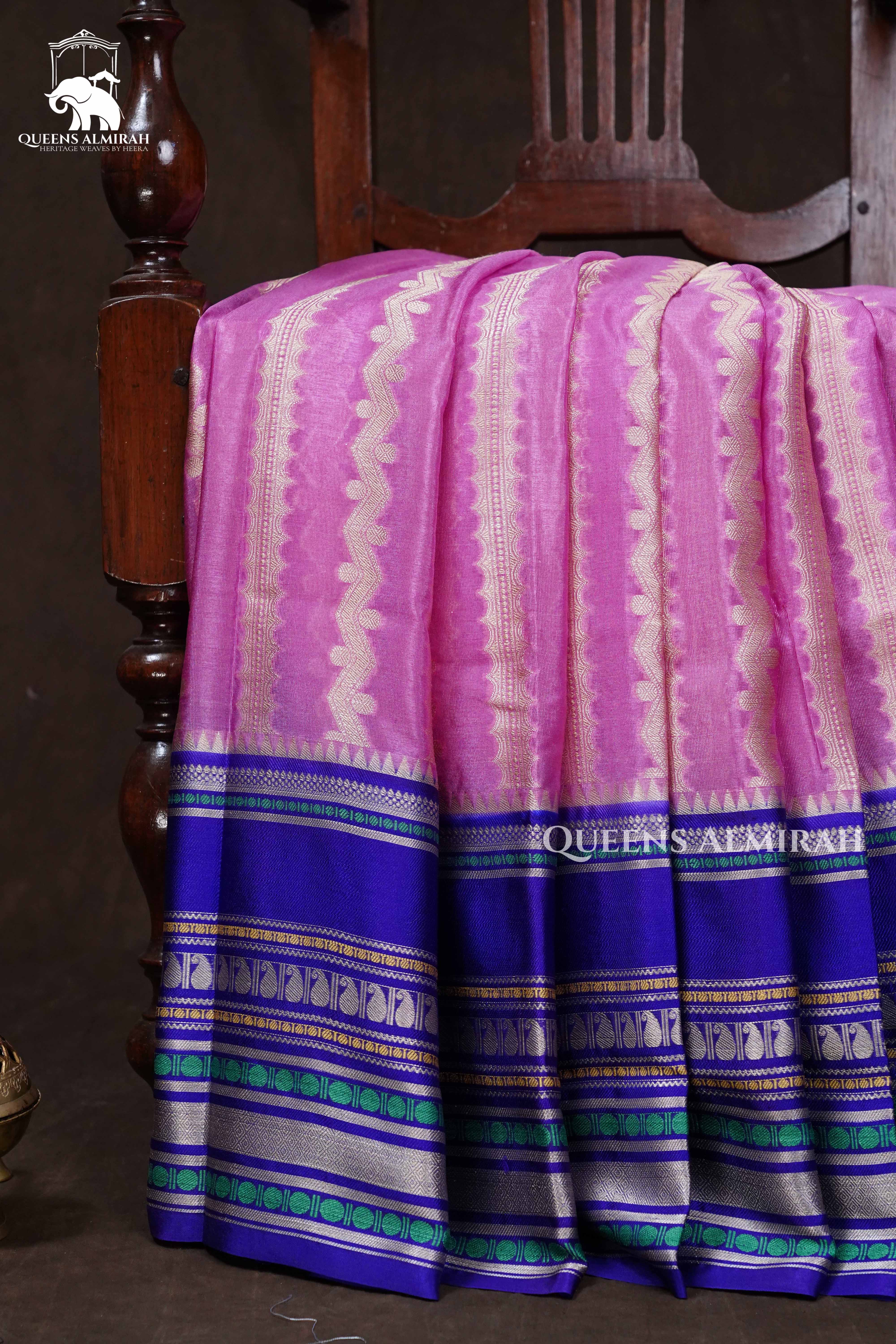 Pink With Purple Semi Banarasi Silk Saree