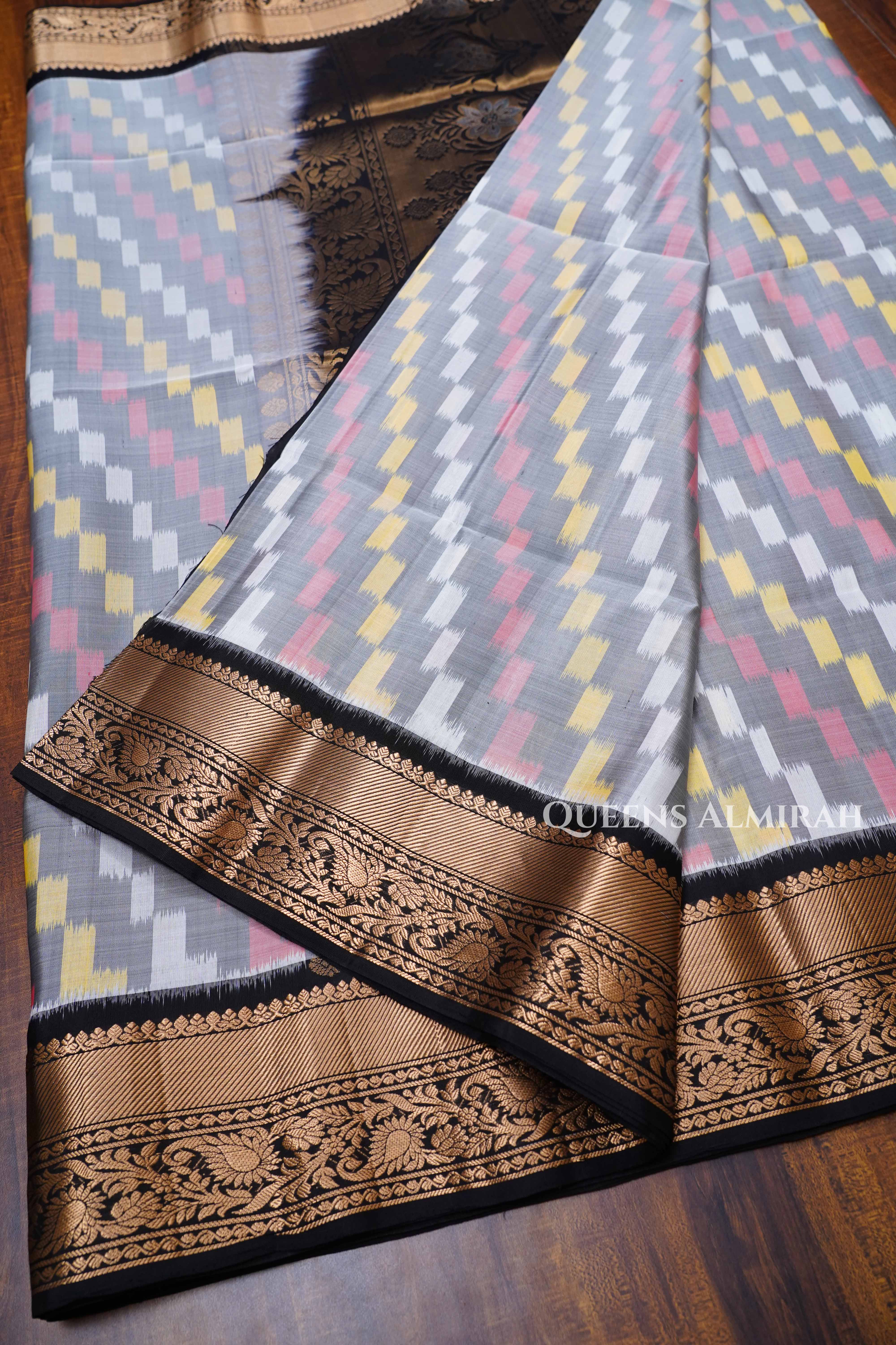 White Multi color With Black Pure Soft Silk Saree