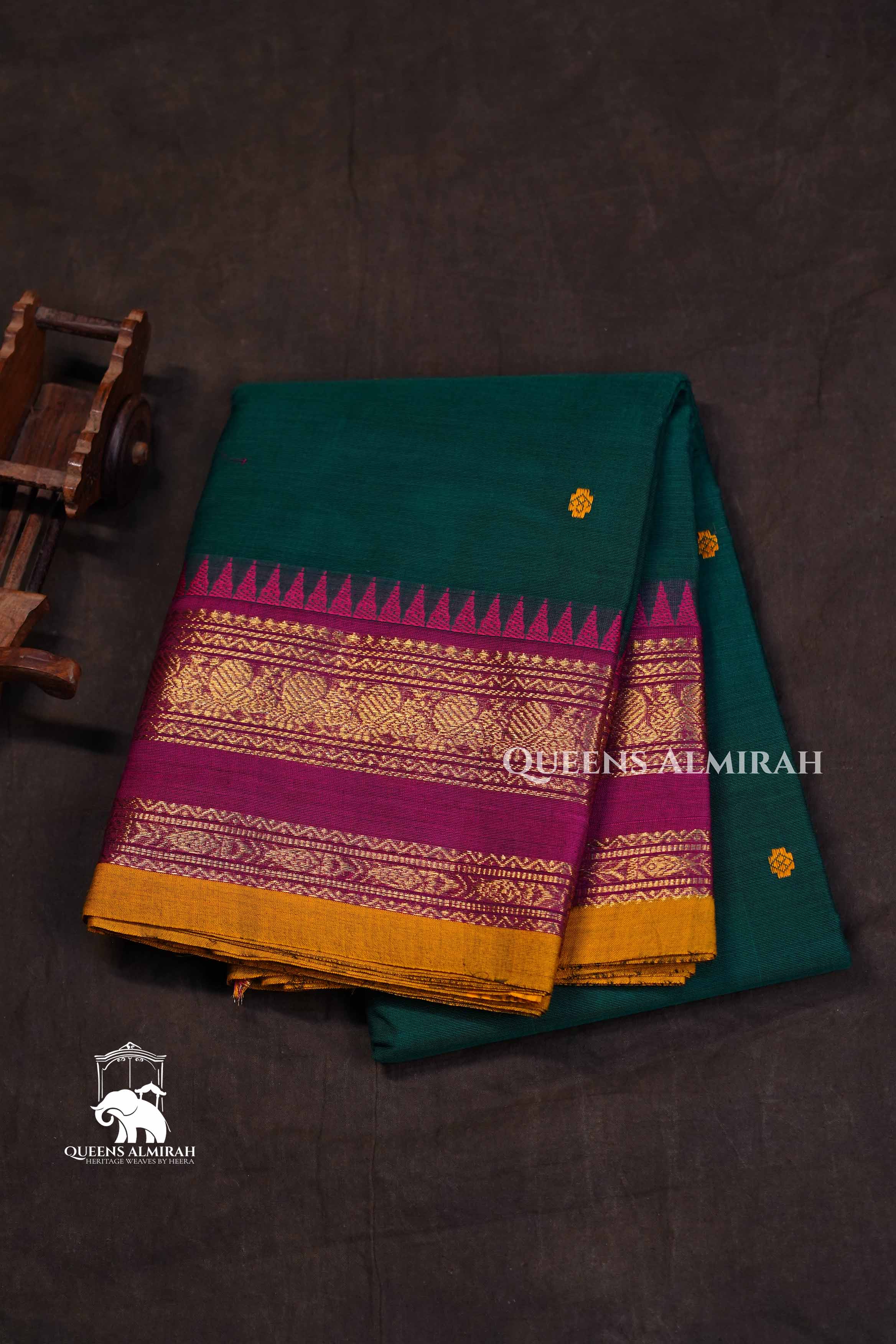 Dark Green With Mustard And Purple Kanchi Cotton Saree