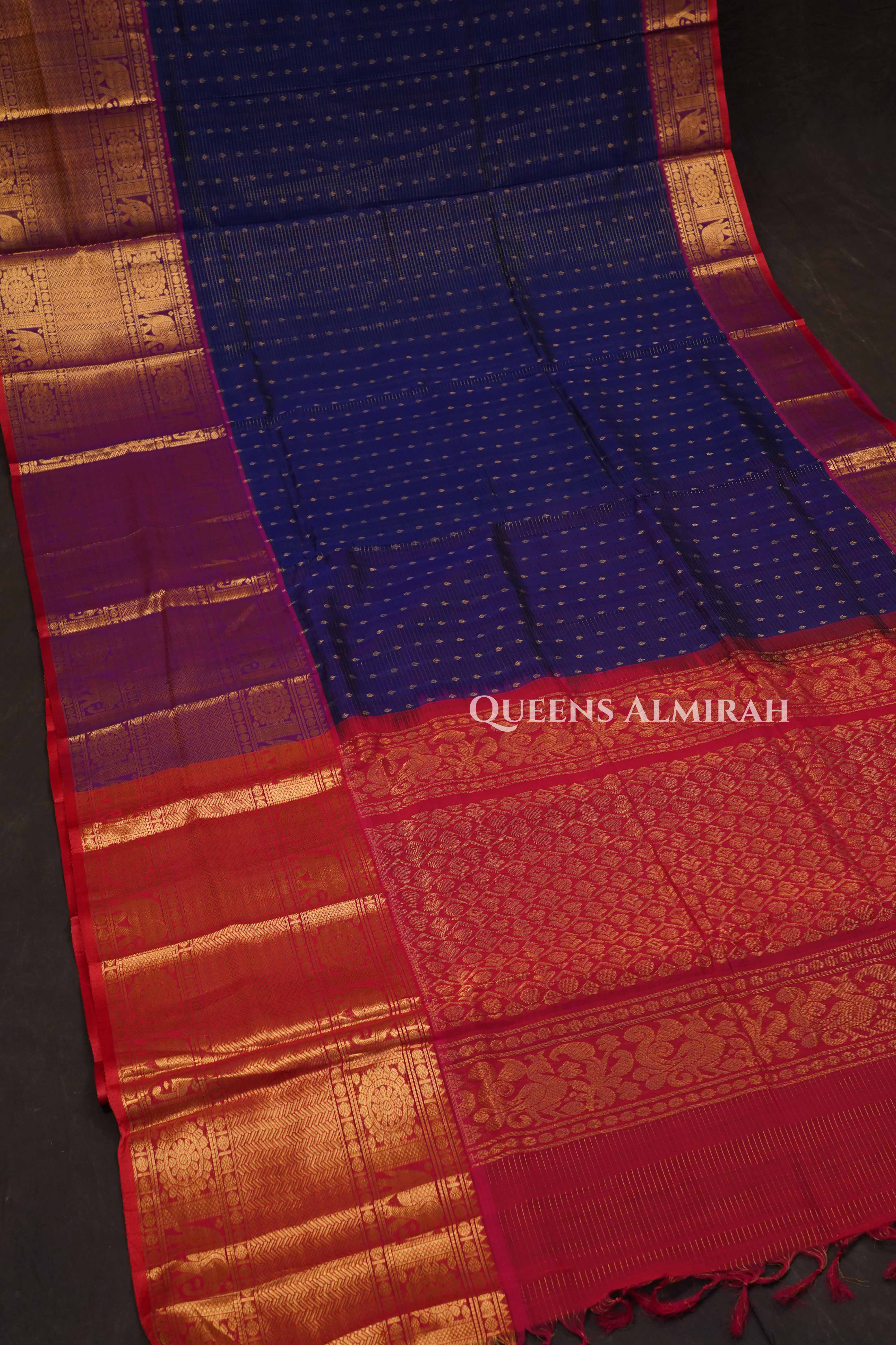 Dark Navy Blue With Red Pure Silk Cotton Saree