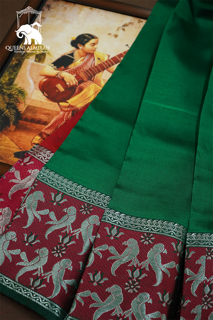 MINT GREEN WITH DEEP CARAMINE MANGALGIRI SAREE - Queens Jewel Emporium