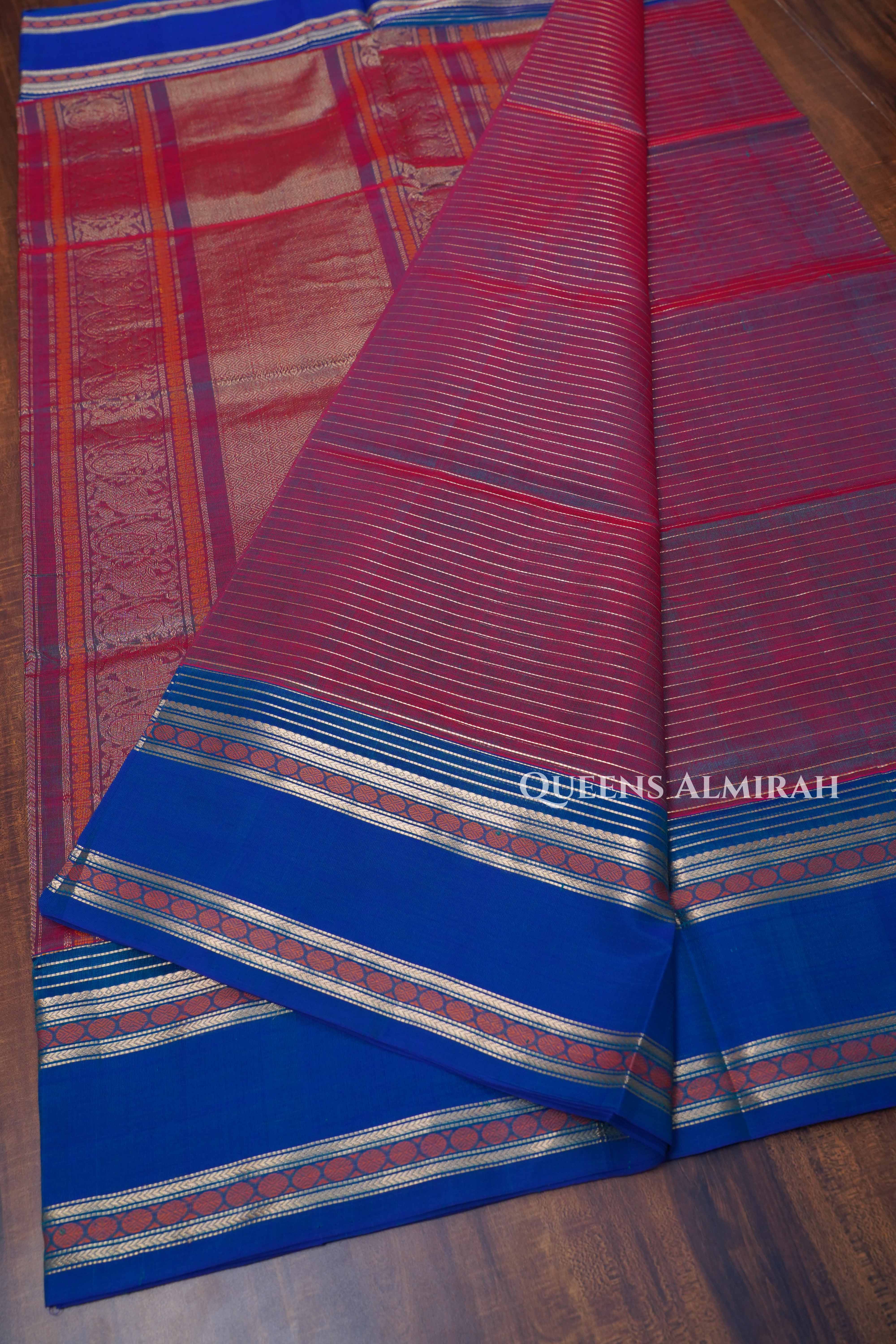 Wine Red With Blue Karaikudi Chettinad Silk Cotton Saree