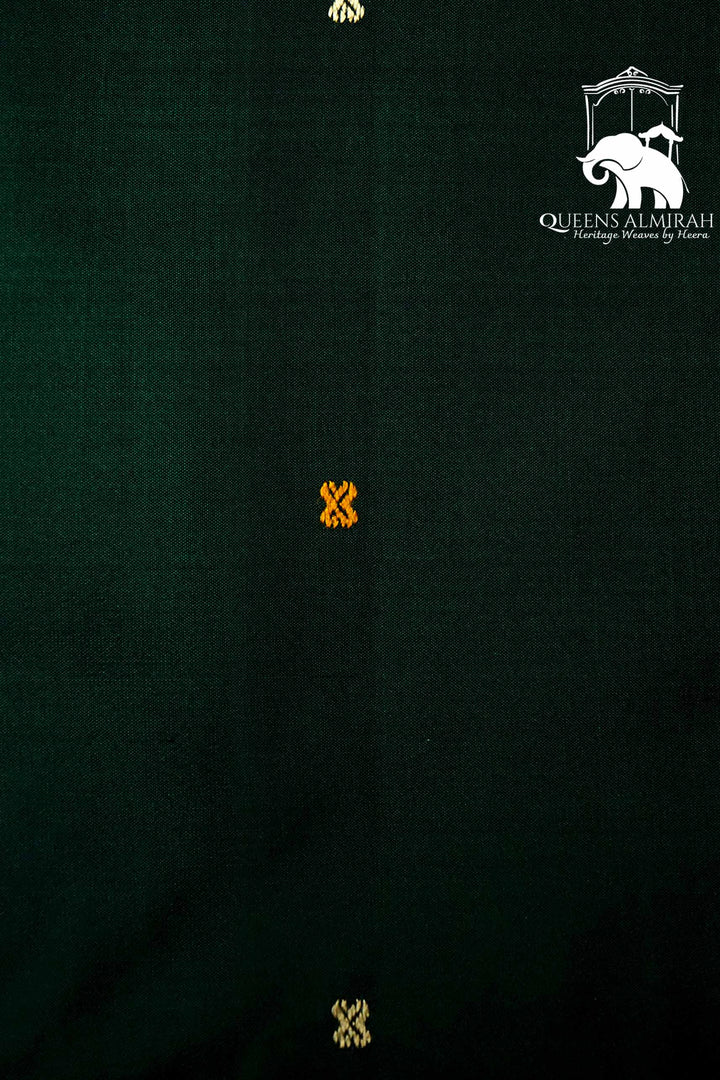 DARK GREEN WITH WOVEN BORDER MULBERRY SILK SAREE - Queens Jewel Emporium