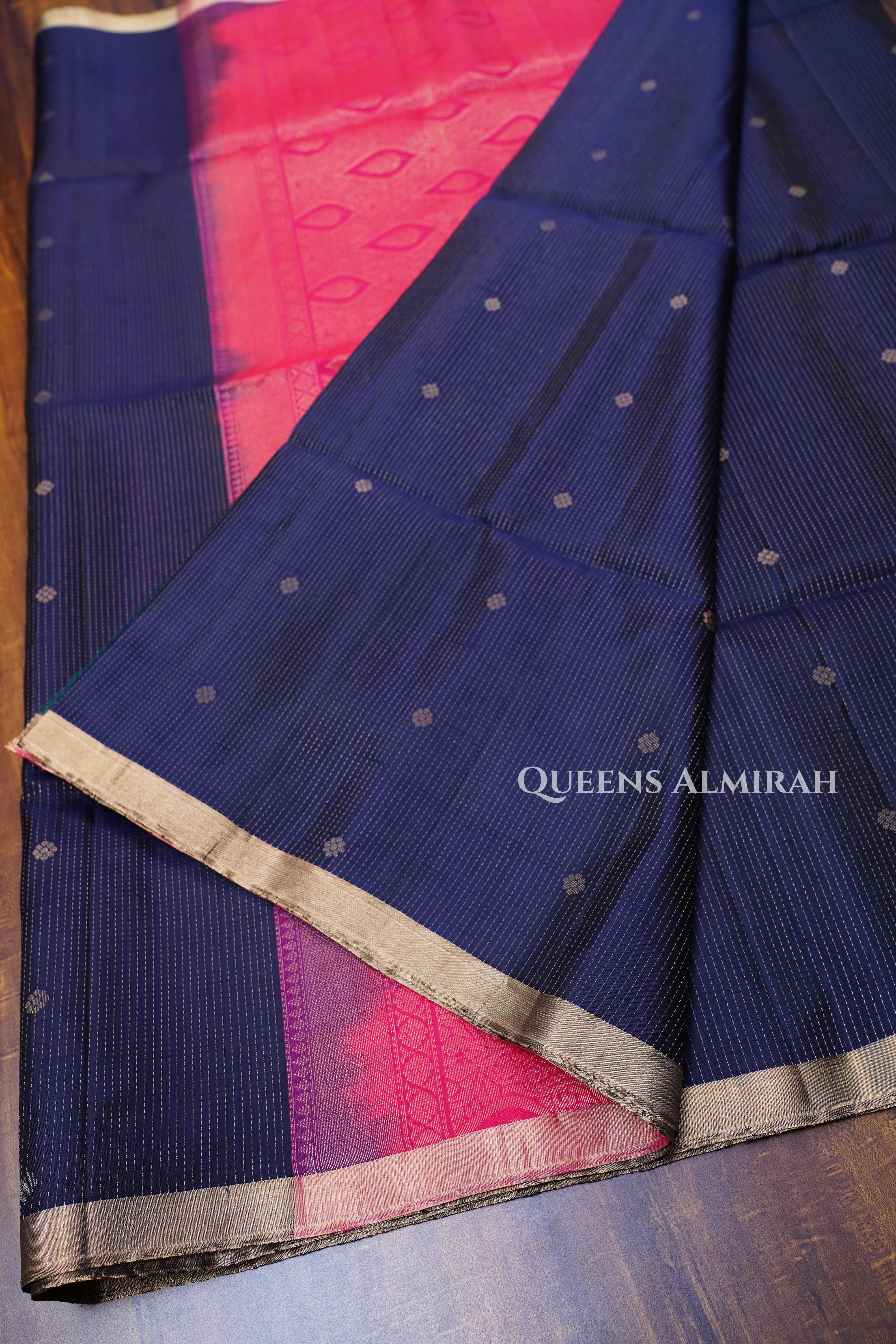 Navy Blue With Tomato Red Pure Soft Silk Saree
