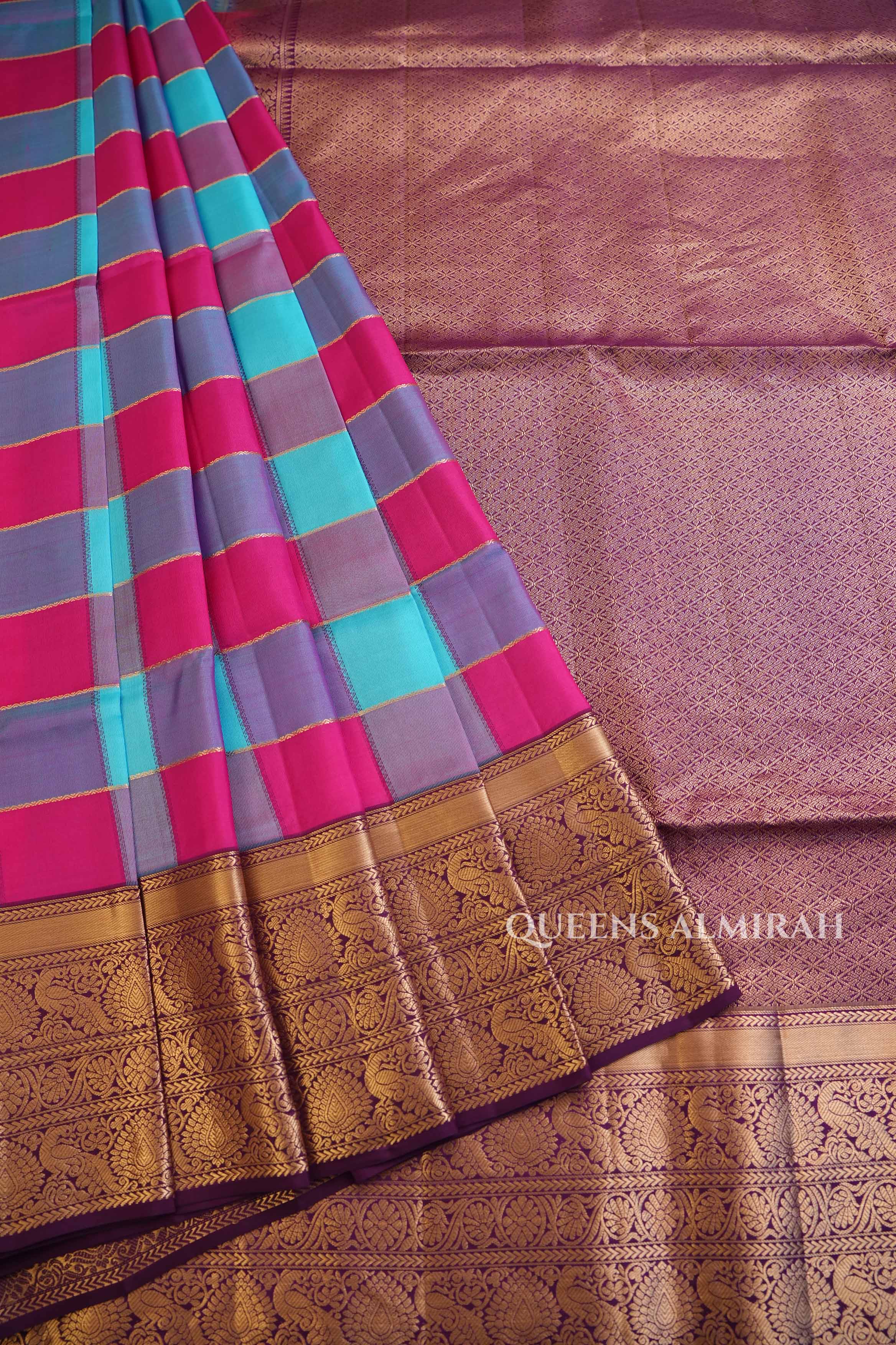 Blue And Rani Pink Kattam Pure Soft Silk Saree