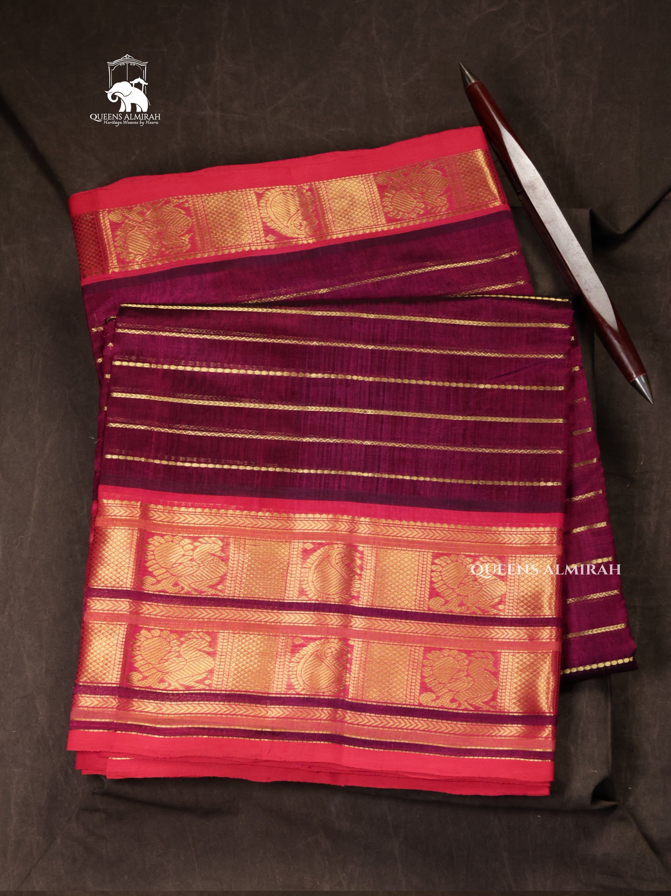 Egg Plant Purple With Rani Pink Pure Silk Cotton Saree