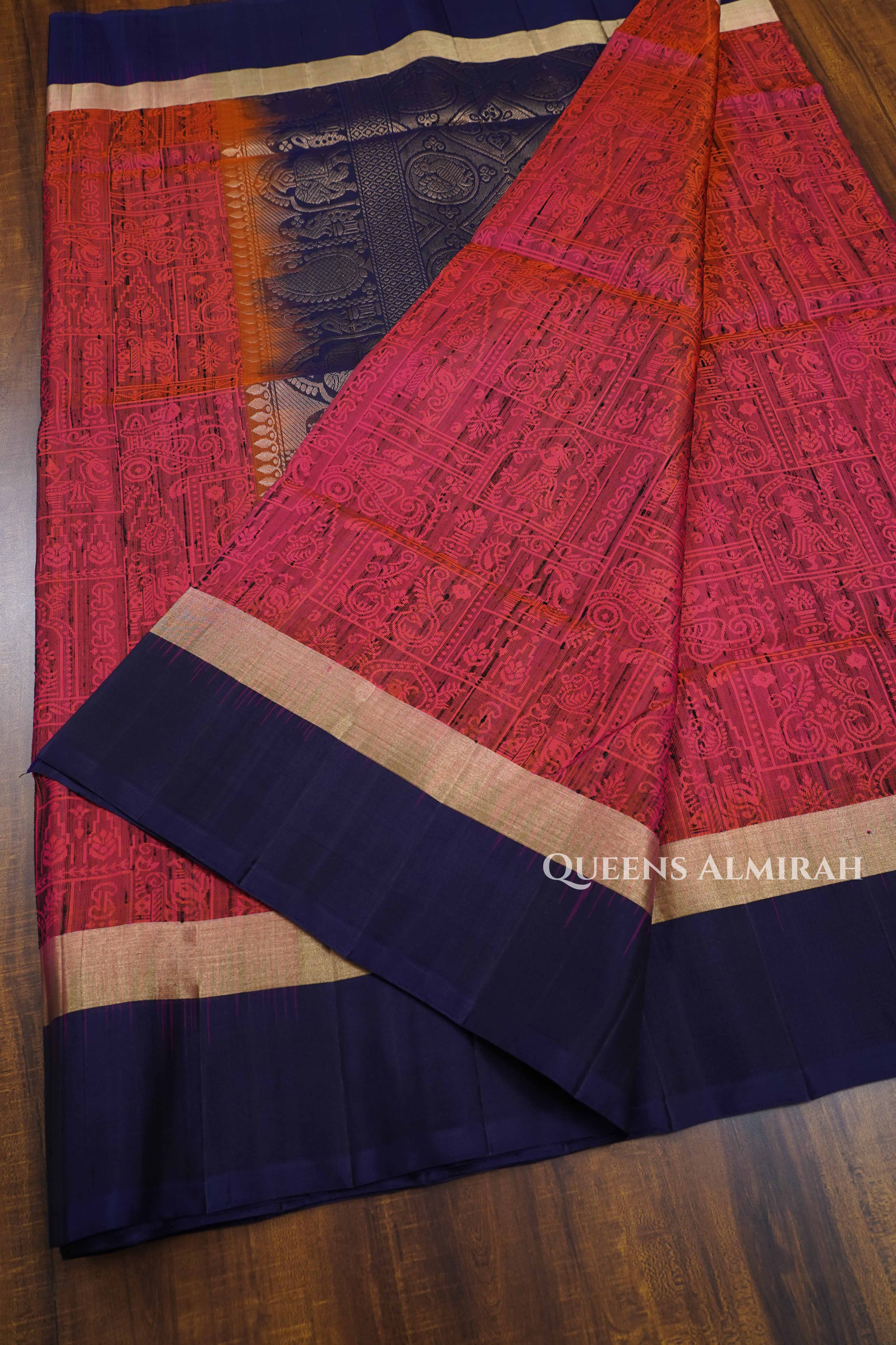 Reddish Orange With Navy Blue Dupion Silk Saree