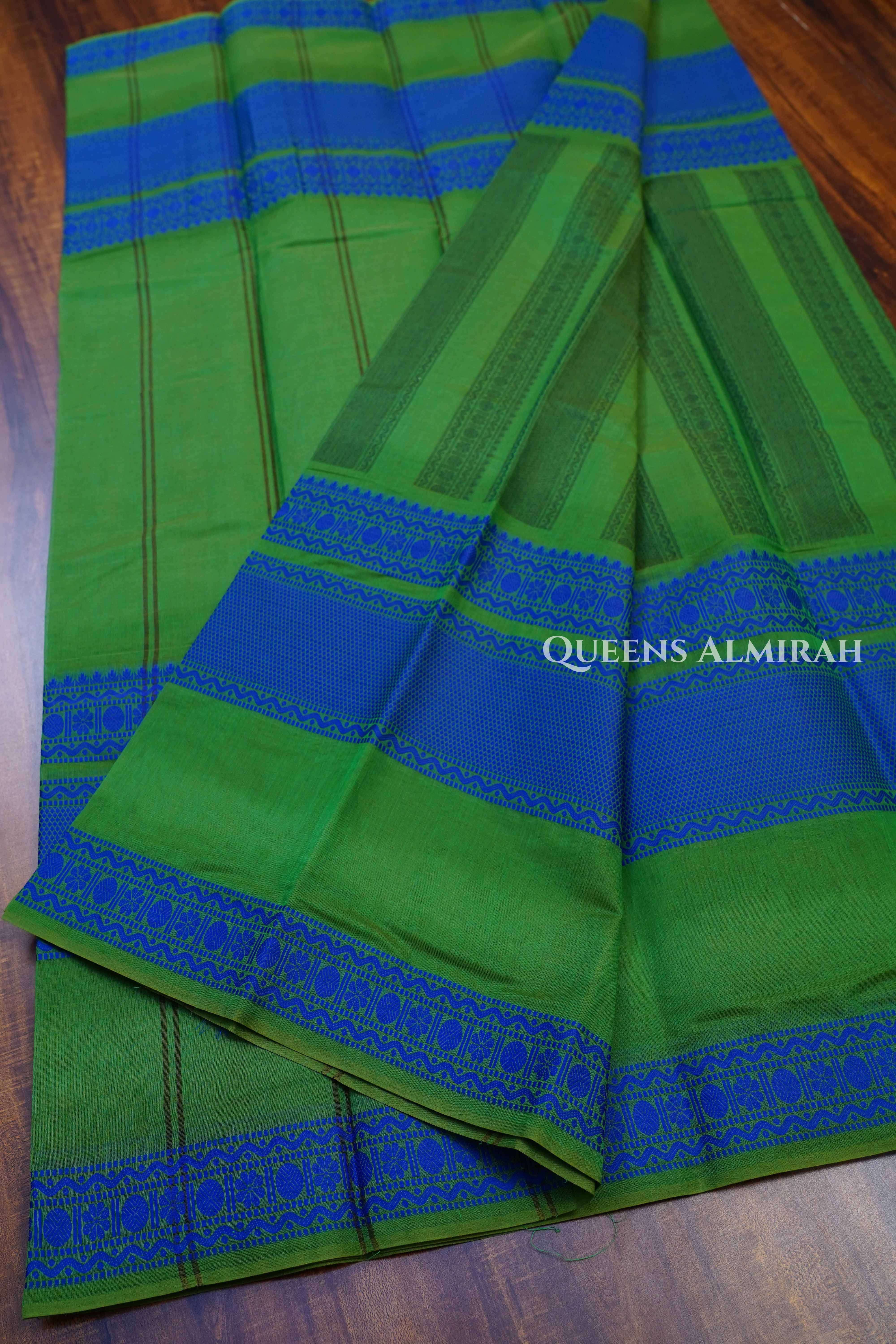 Leaf Green With Blue Chettinad Cotton Saree