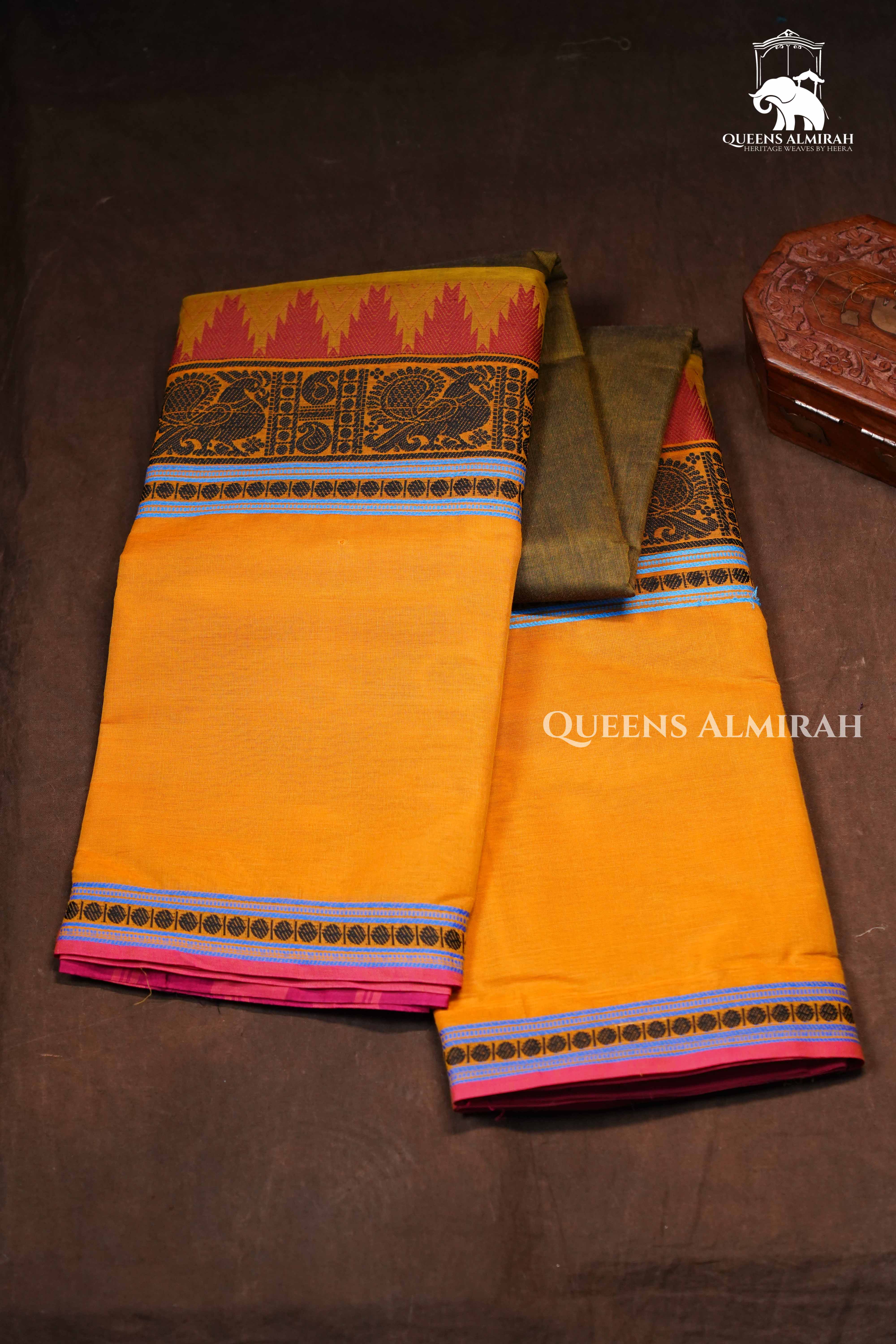 Paasa Pachai Green With Mustard Yellow Chettinad Cotton Saree