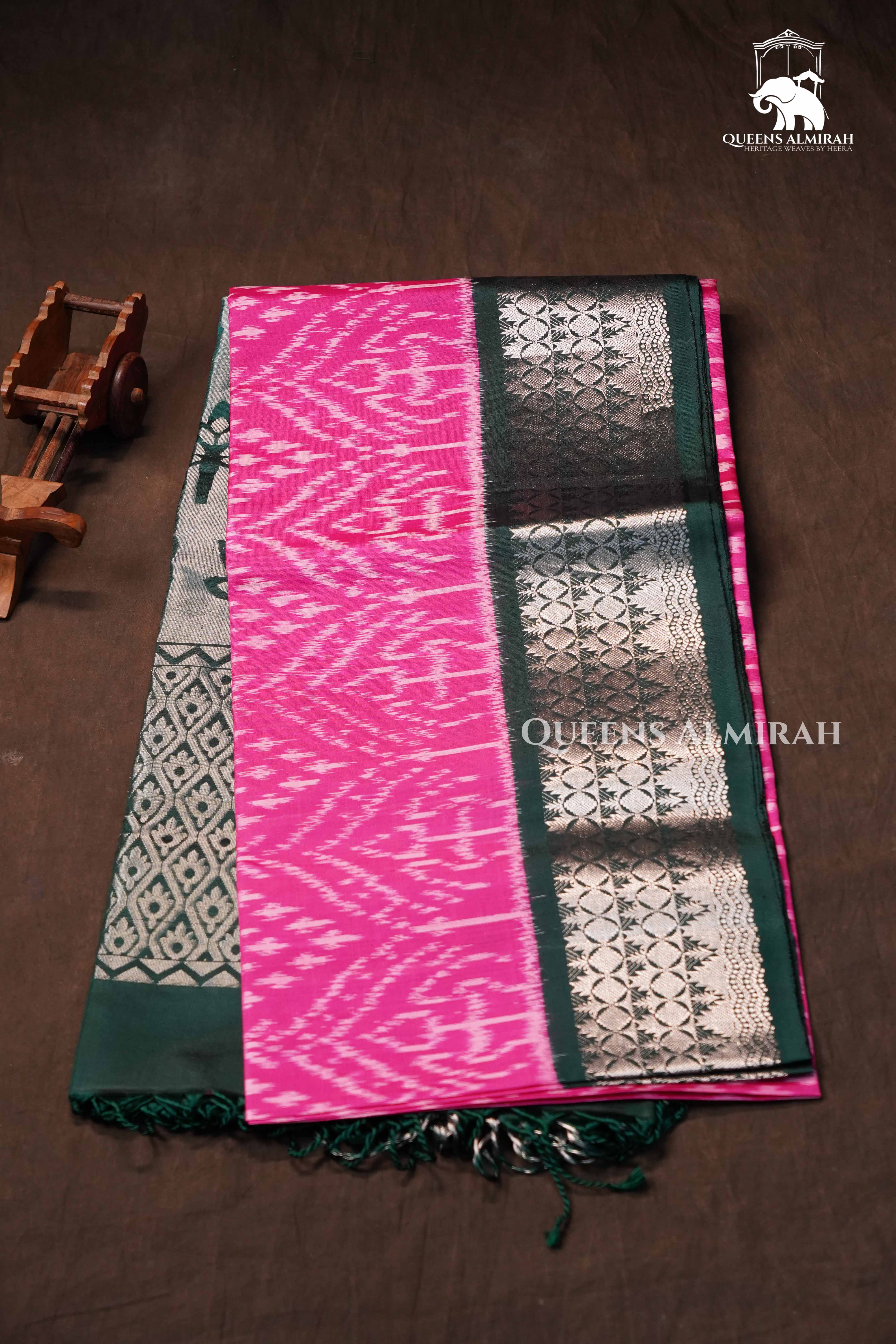 Pink With Dark Green Pure Soft Silk Saree