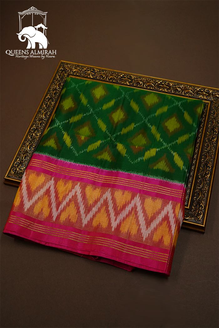 FOREST GREEN WITH BRIGHT PINK SOFT SILK SAREE - Queens Jewel Emporium