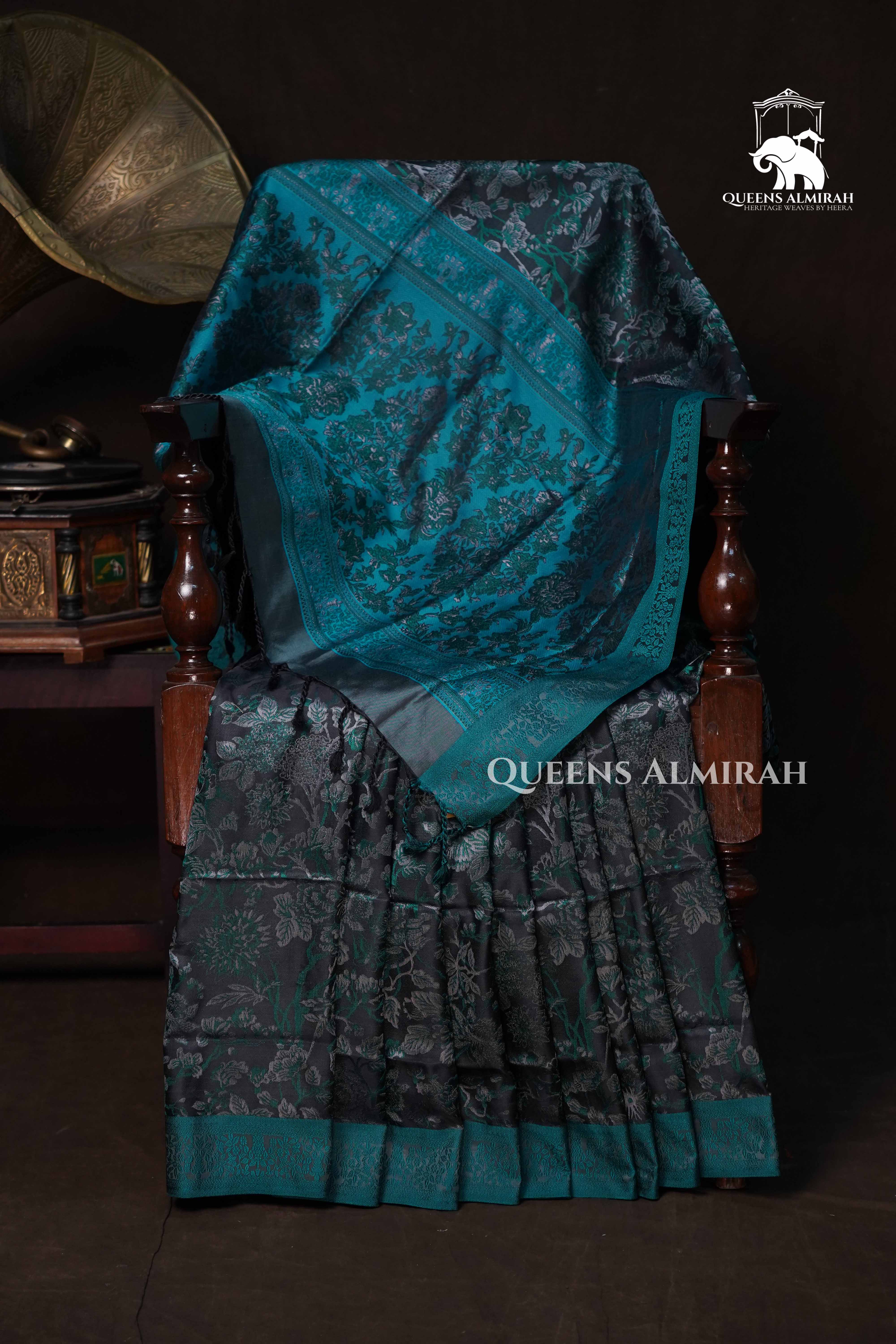 Sea Blue With Ash Grey Pashmina Silk Saree