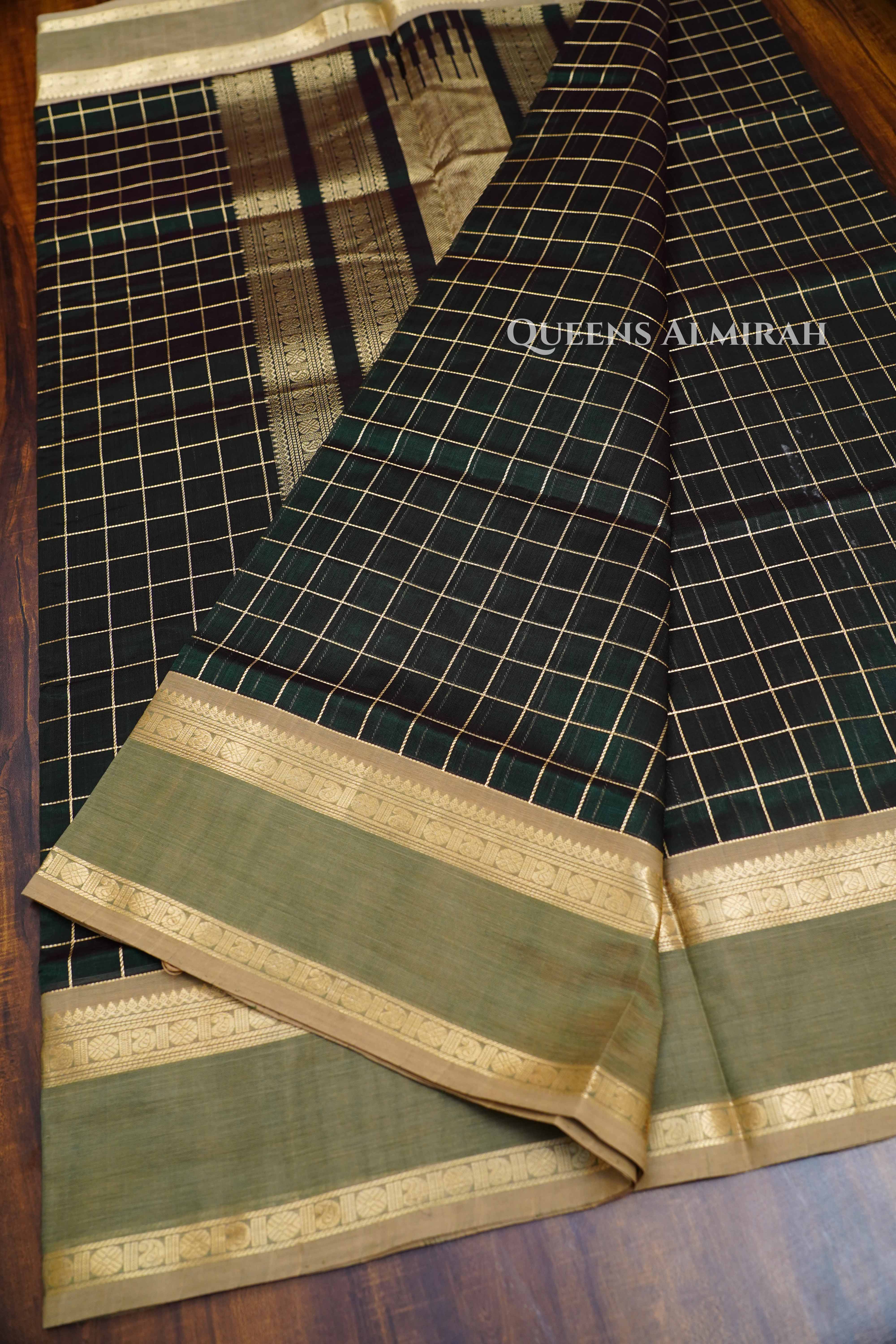 Dark Green Karaikudi Chettinad Silk Cotton Saree