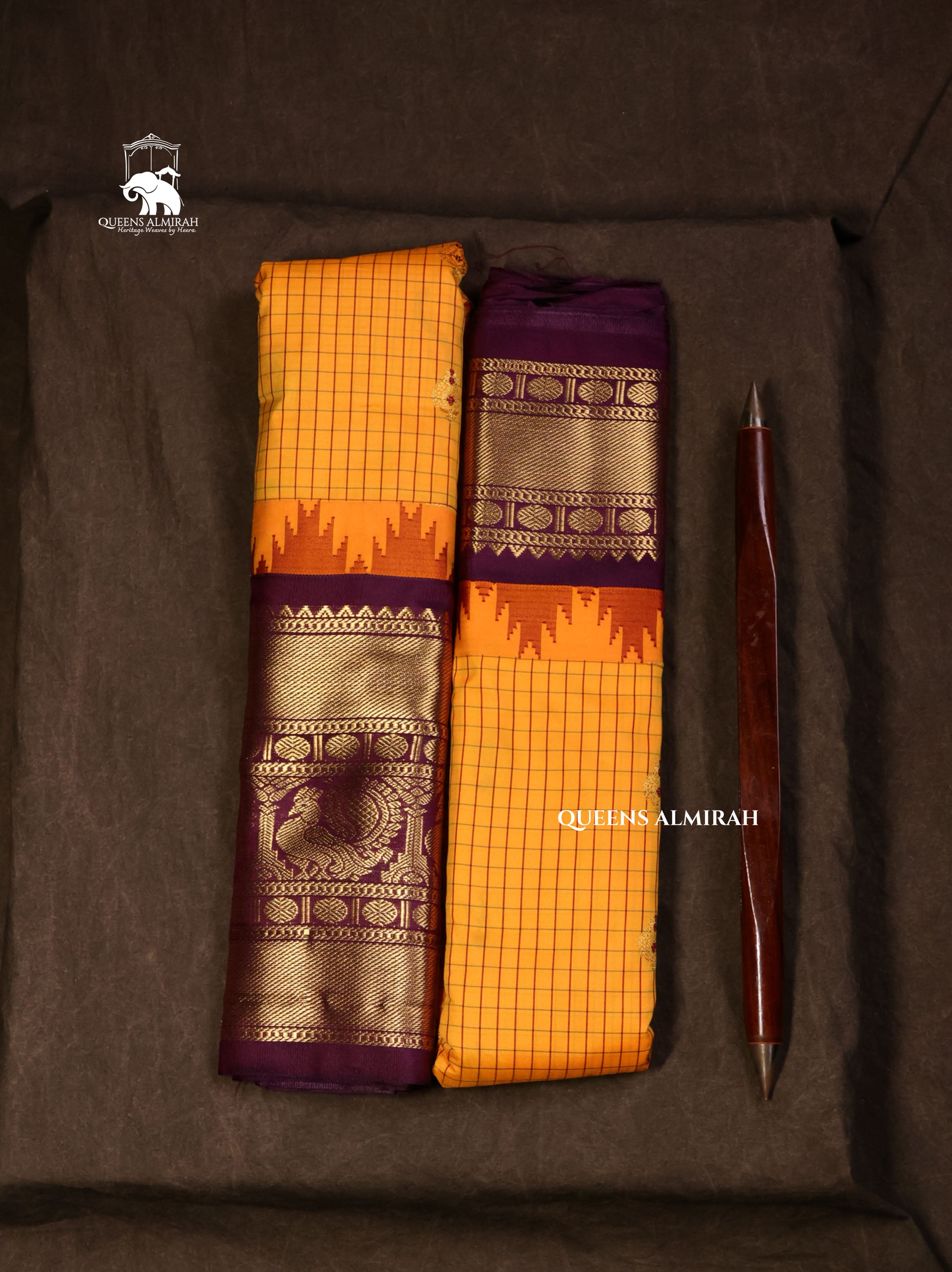 Yellow With Brown Semi Gadwal Silk Saree