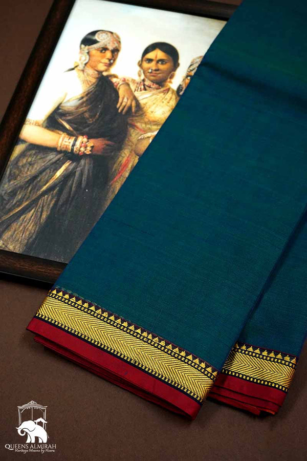 OCEAN BLUE WITH BURGUNDY THIN BORDER  NARAYANPET COTTON SAREE - Queens Jewel Emporium