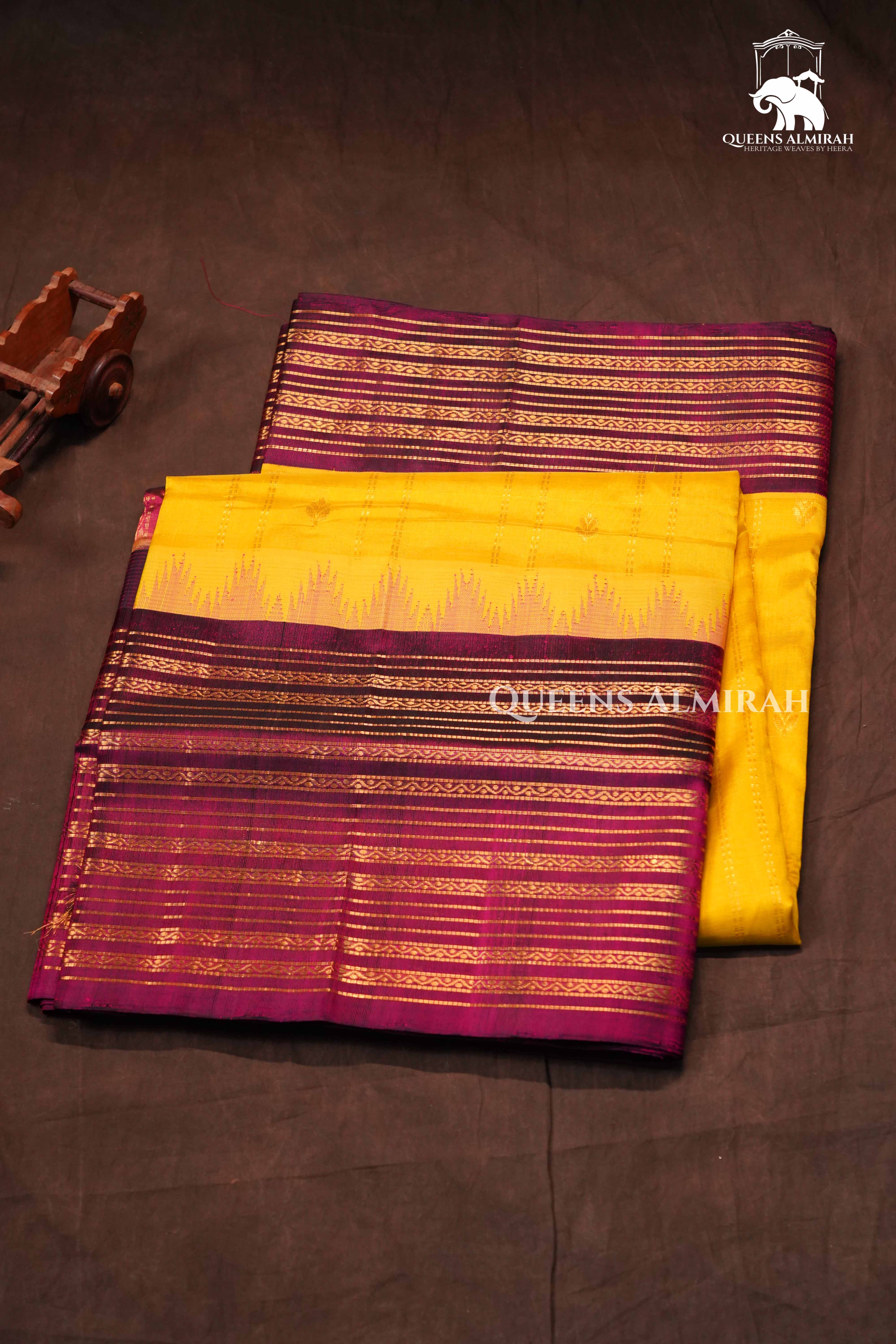 Mango Yellow With Purple Long Border Pure Kanchi Silk Cotton Saree