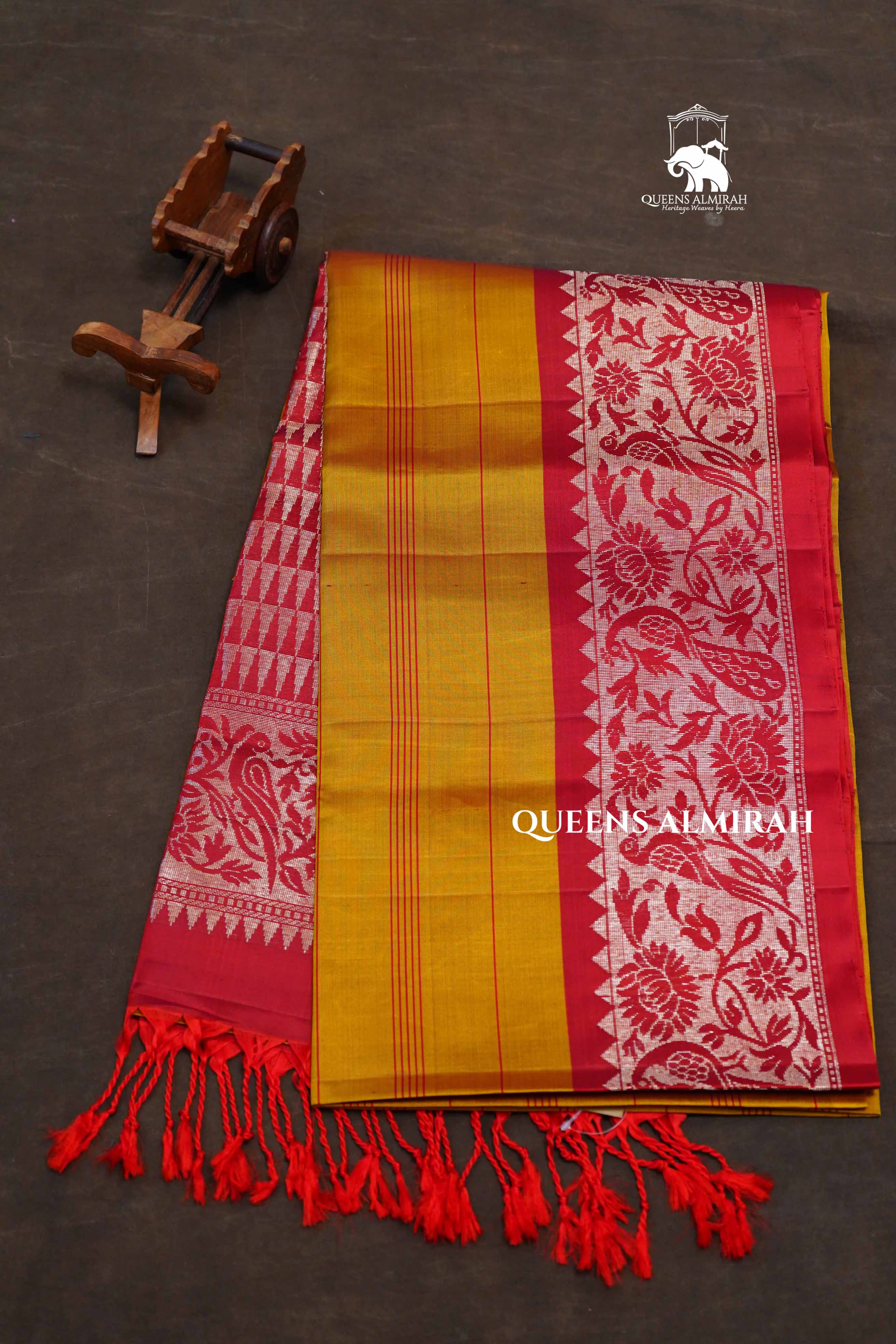 Mustard Yellow With Red Pure Soft Silk Saree