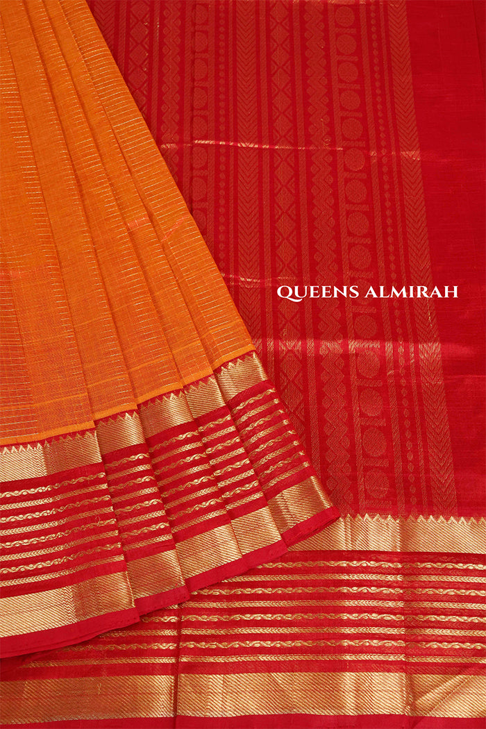 Orange With Red  Varisapet Border Pure Silk Cotton Saree