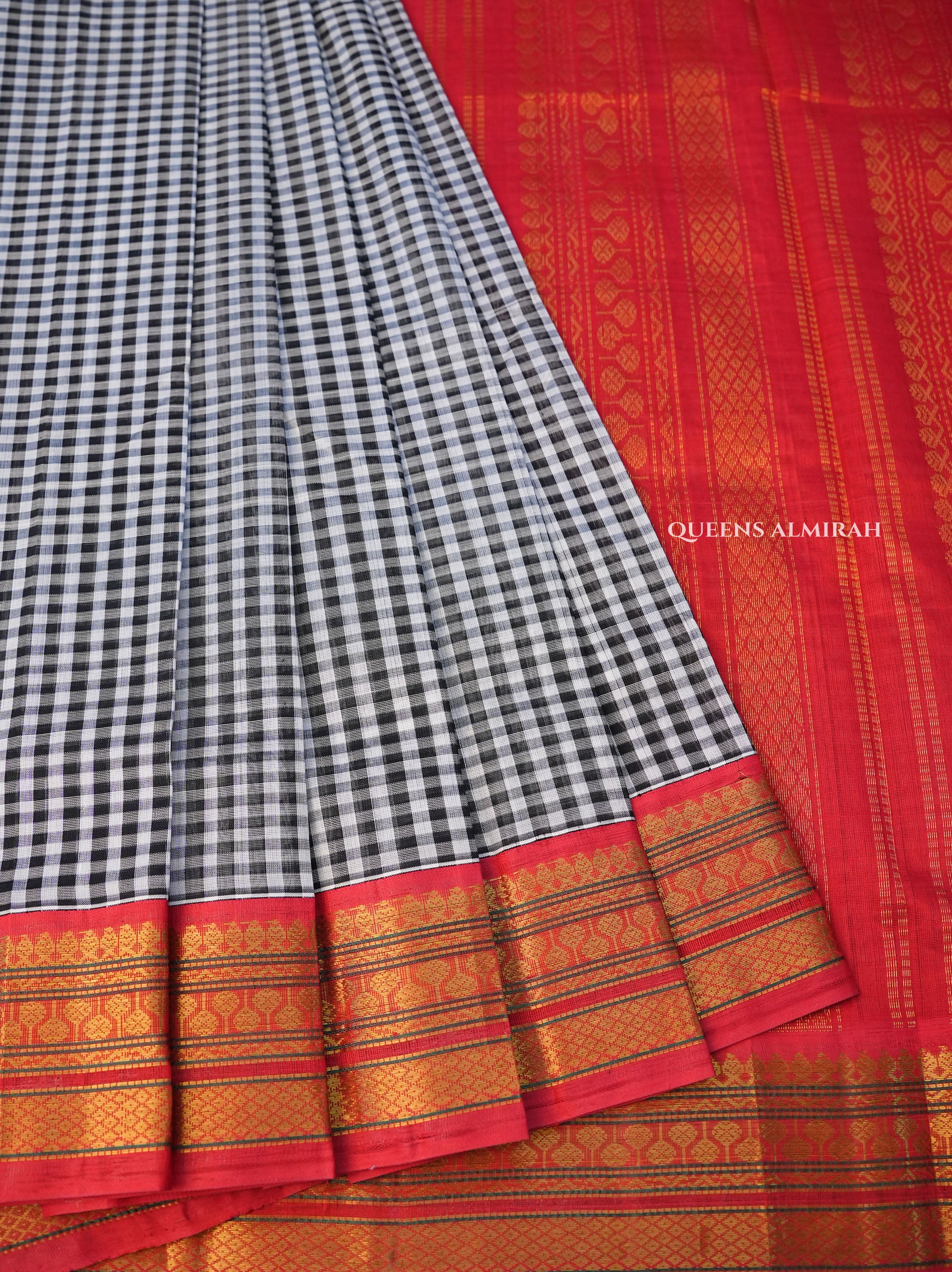 White And Black Kattam With Red Border Pure Silk Cotton Saree