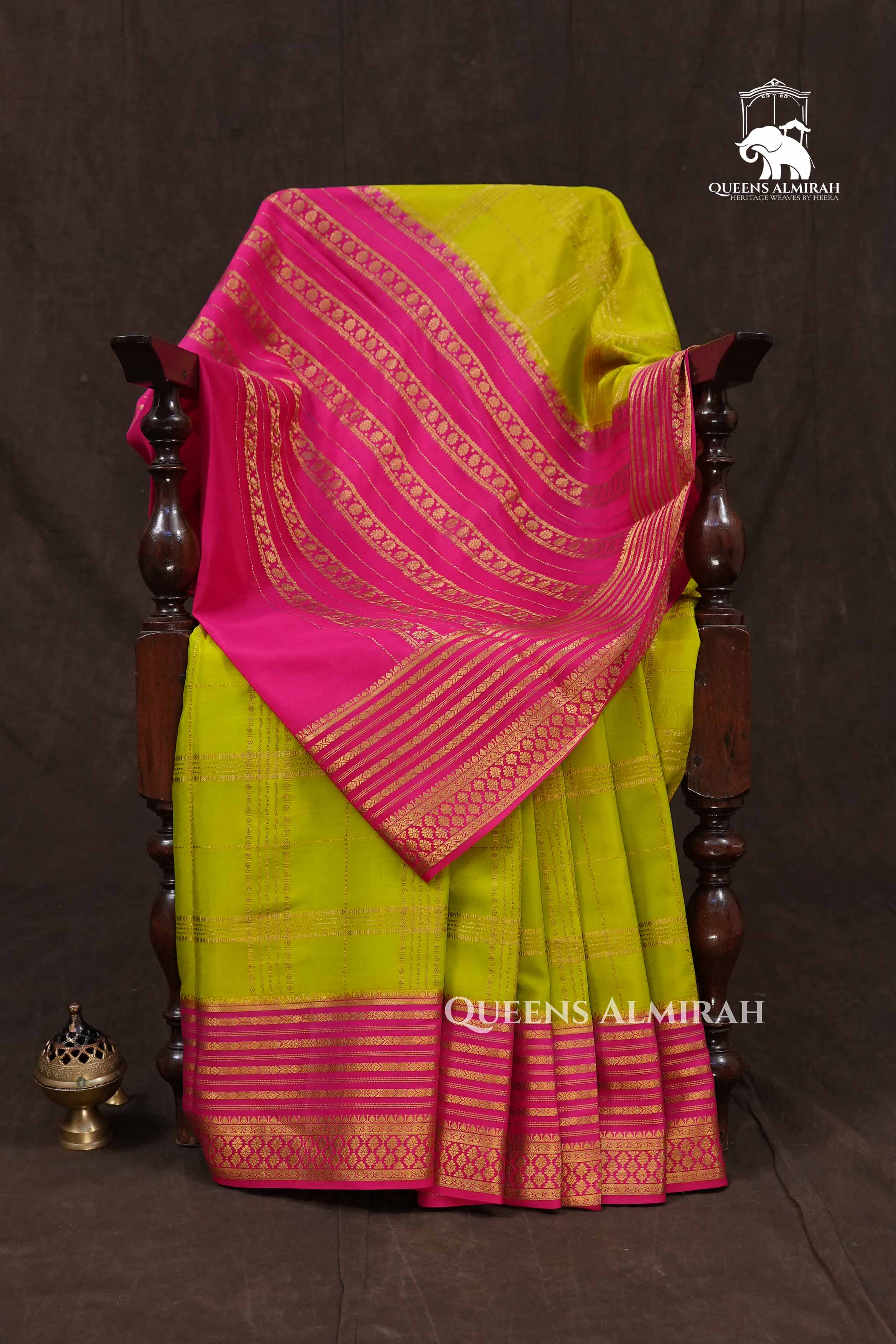 Lime Green With Pink Mysore Silk Saree